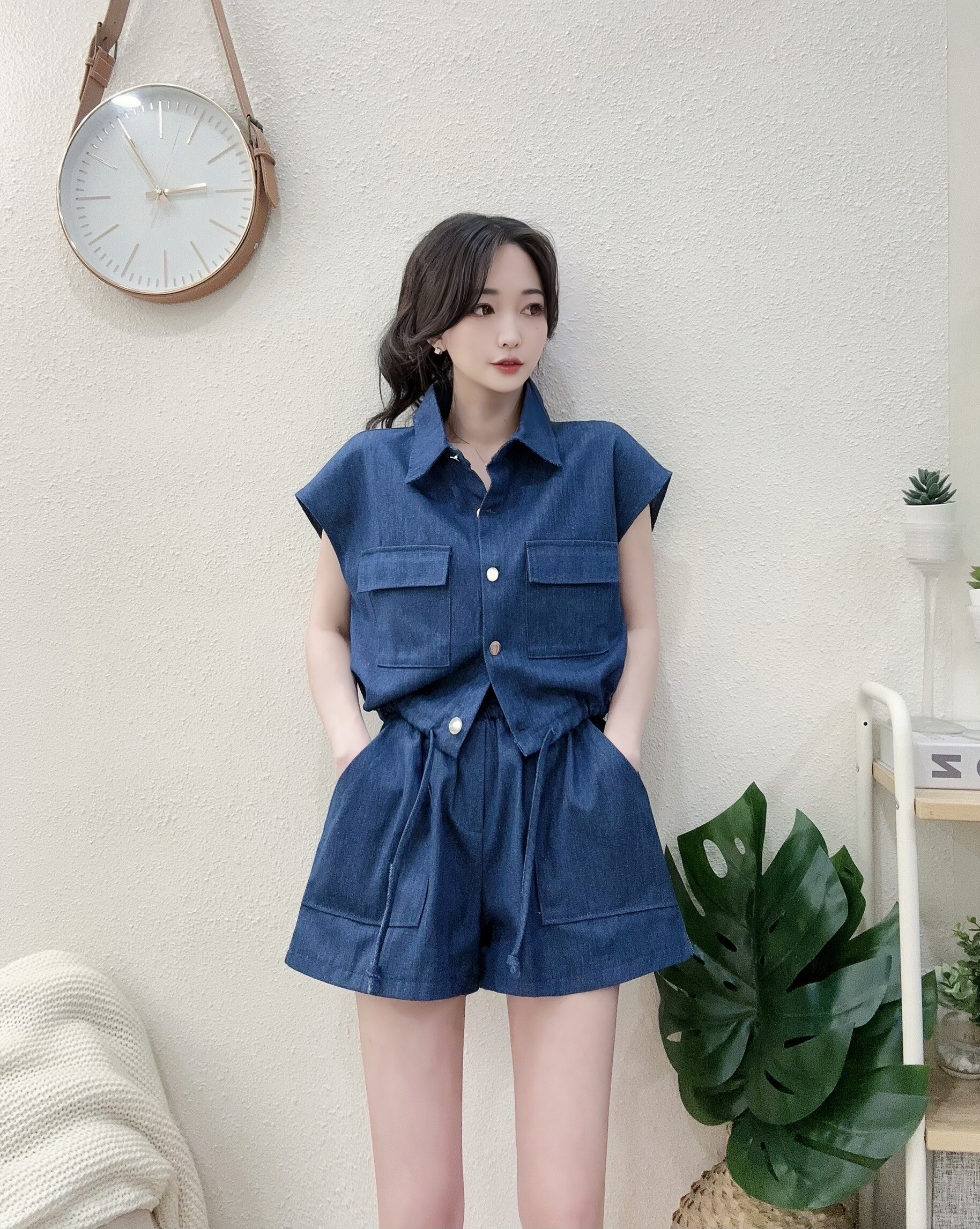 1290隨性寬鬆牛仔襯衫短褲套裝