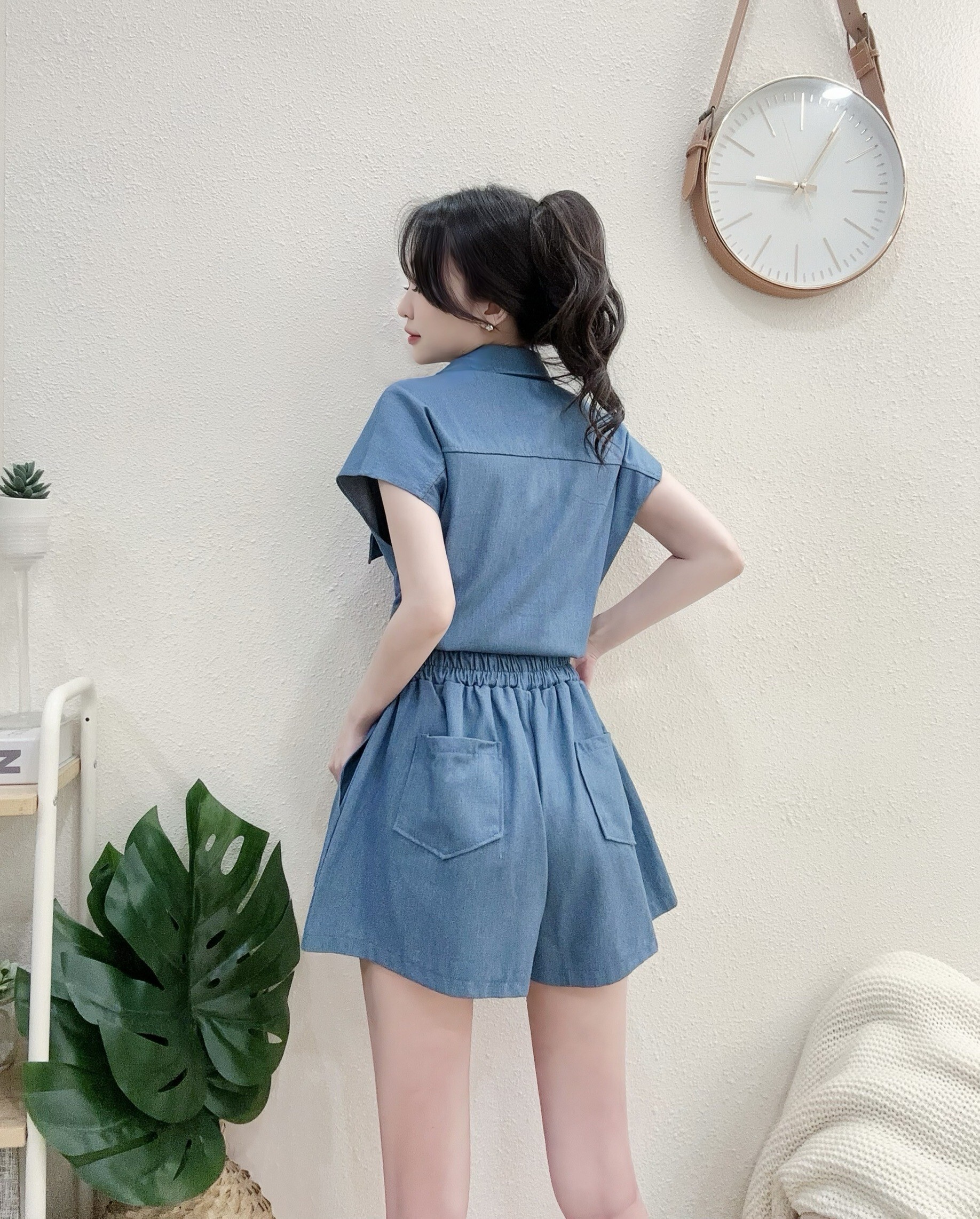 1290隨性寬鬆牛仔襯衫短褲套裝 (4)