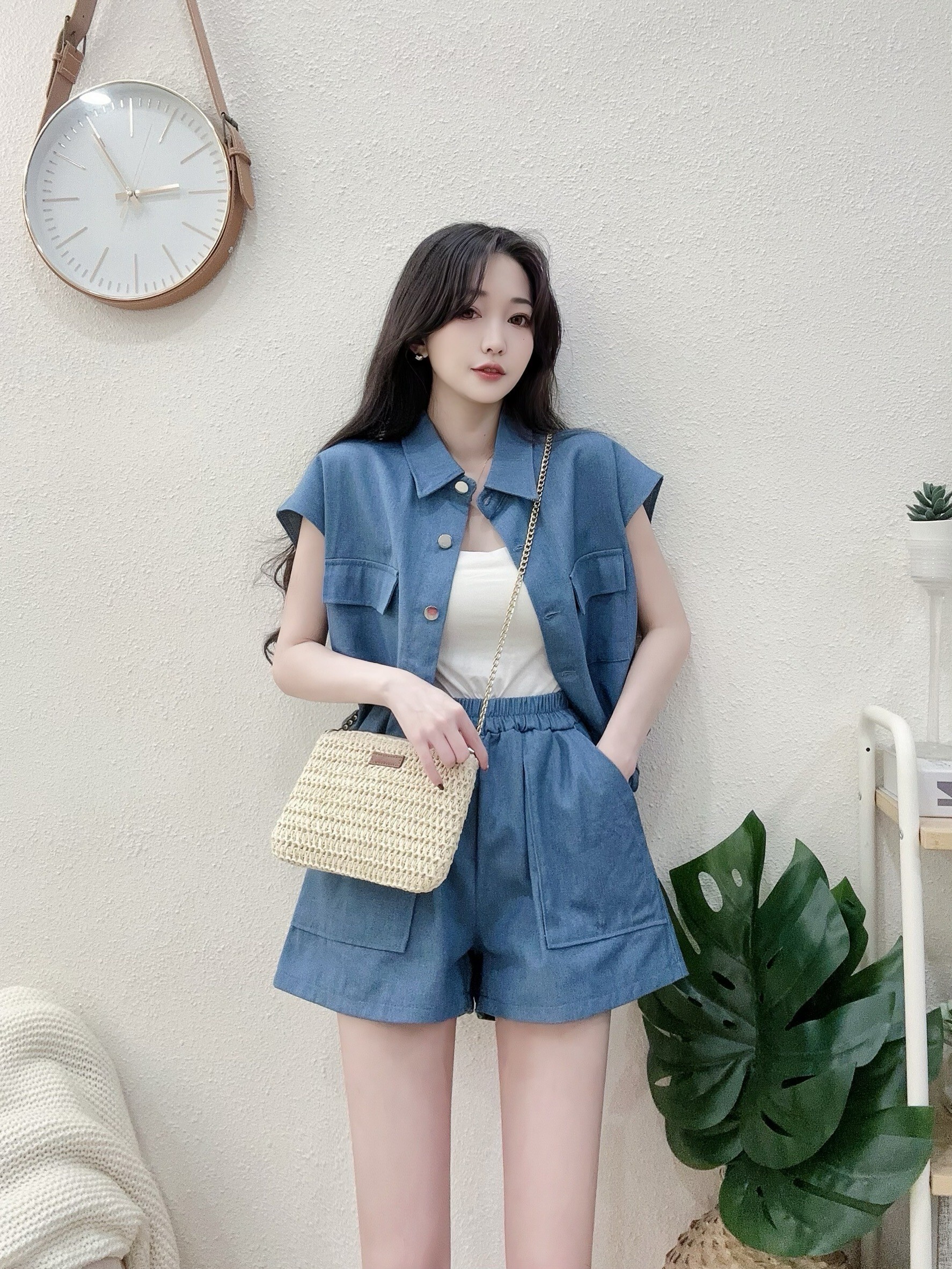 1290隨性寬鬆牛仔襯衫短褲套裝 (3)