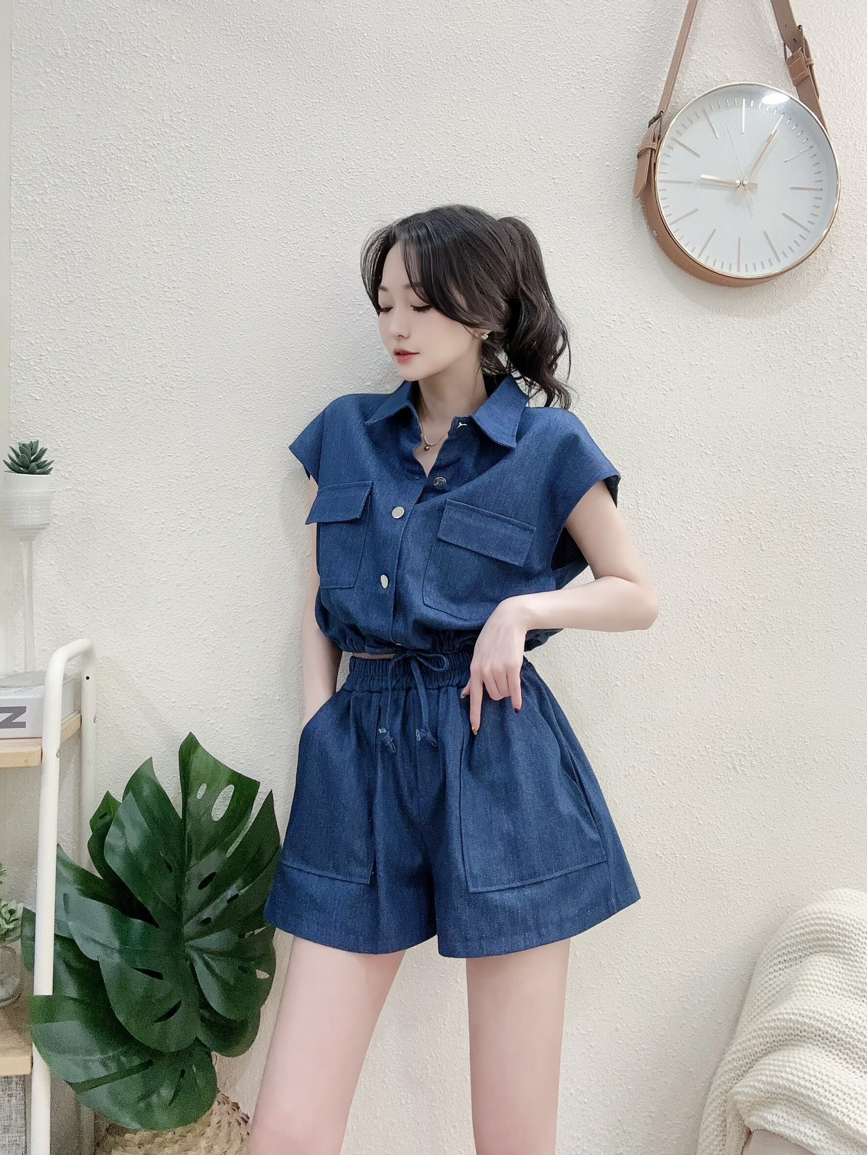 1290隨性寬鬆牛仔襯衫短褲套裝 (2)