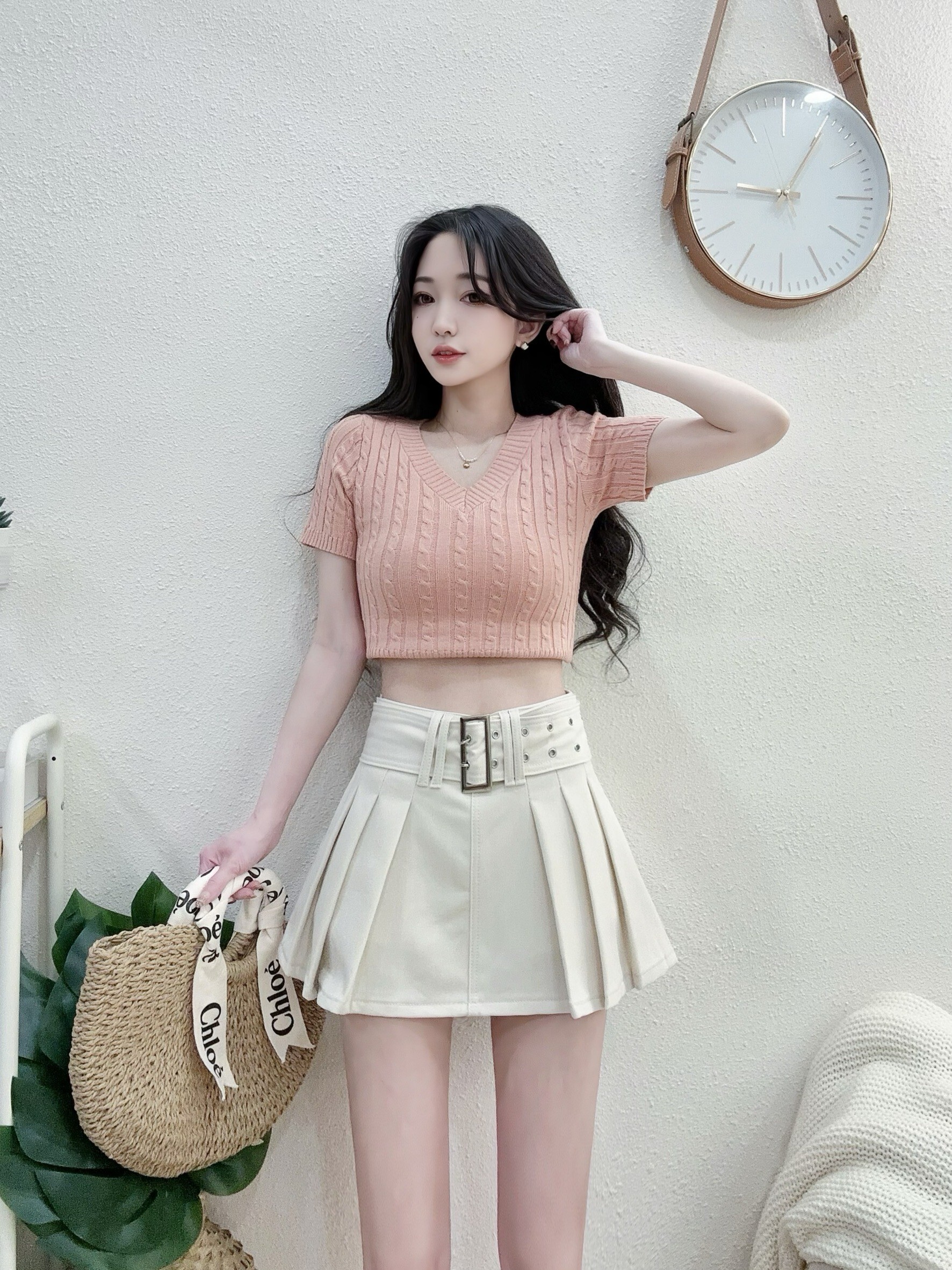 9582百搭V領麻花針織短版上衣 粉藍白黑 (3)