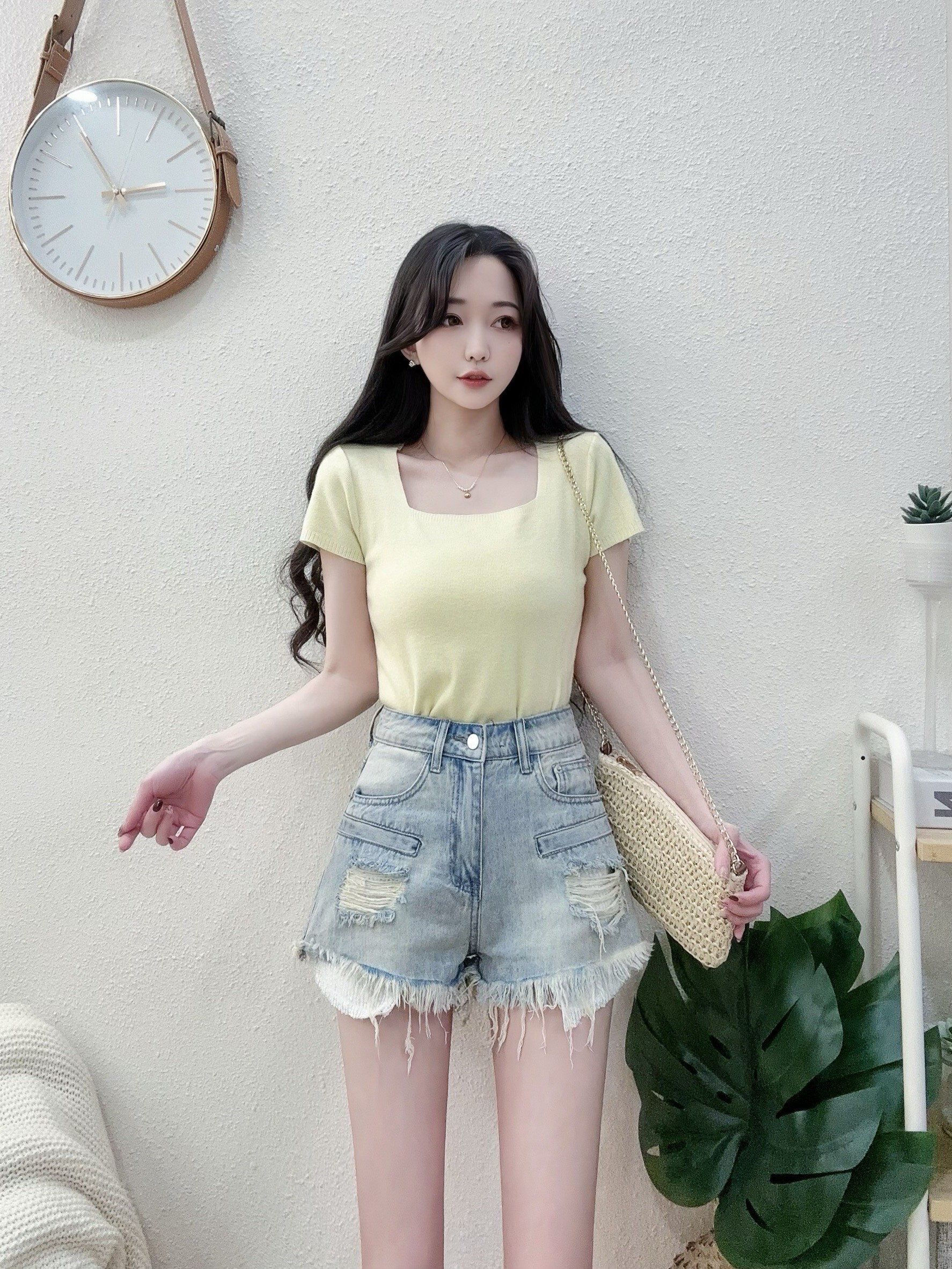 #8810好感方領親膚針織打底上衣 黃粉白黑 (2)