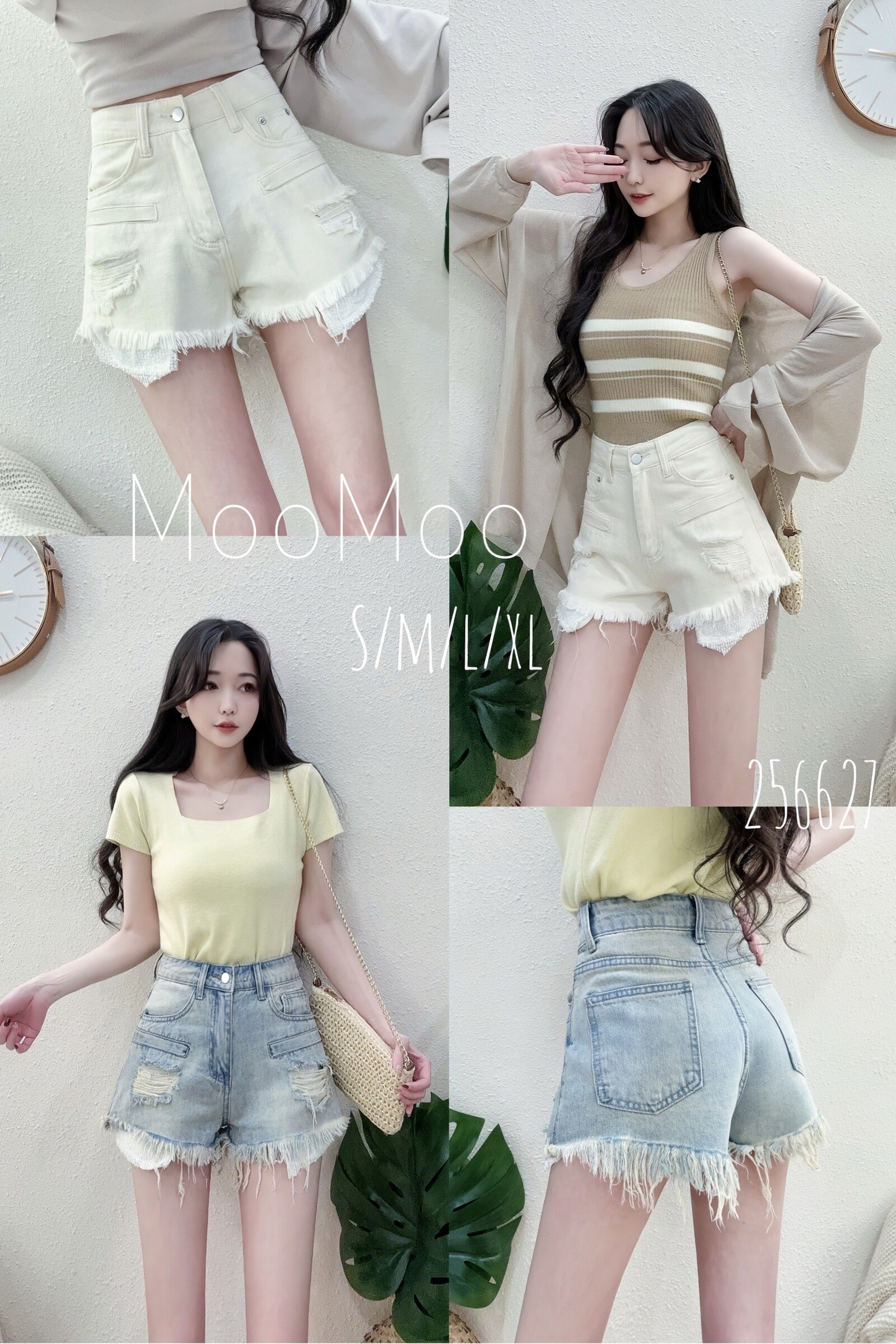 2566造型口袋鬚鬚刷色牛仔短褲 藍杏 (3)