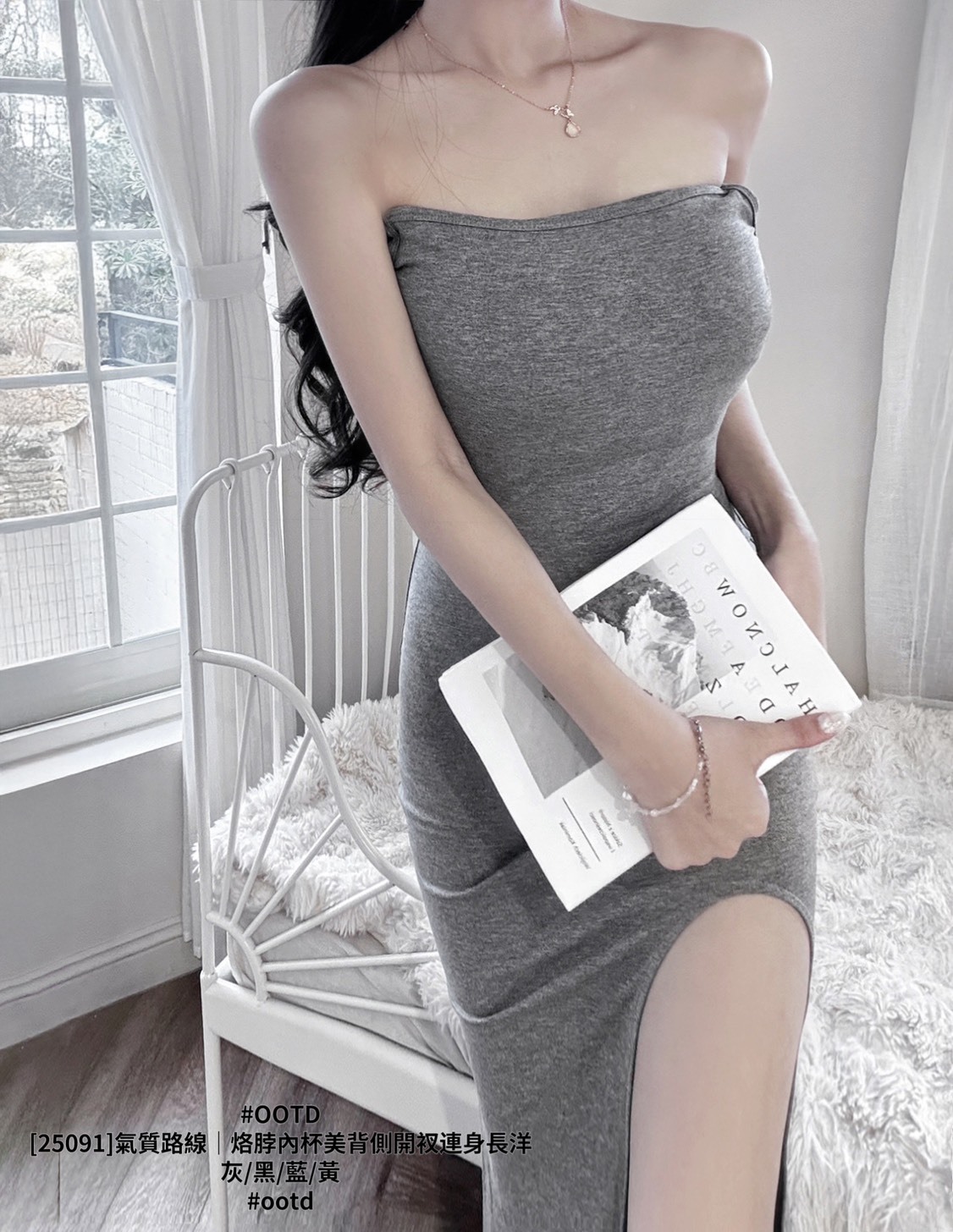 25091]氣質路線｜烙脖內杯美背側開衩連身長洋 (6)