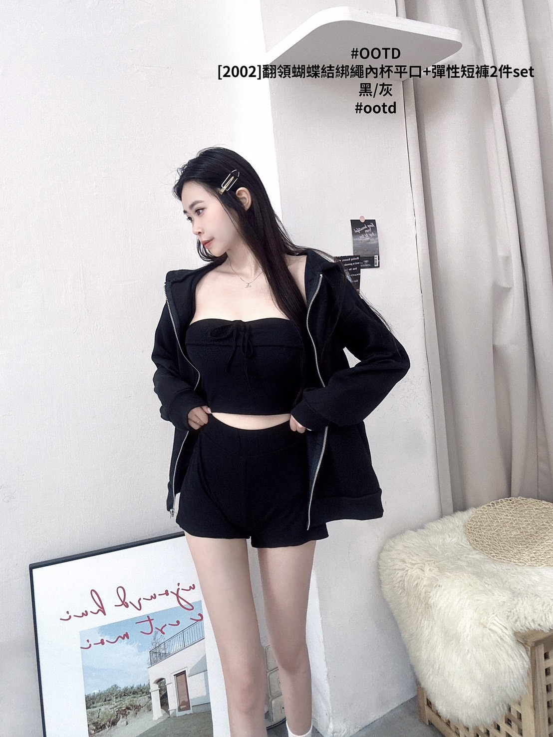 [2002]翻領蝴蝶結綁繩內杯平口+彈性短褲2件set (6)
