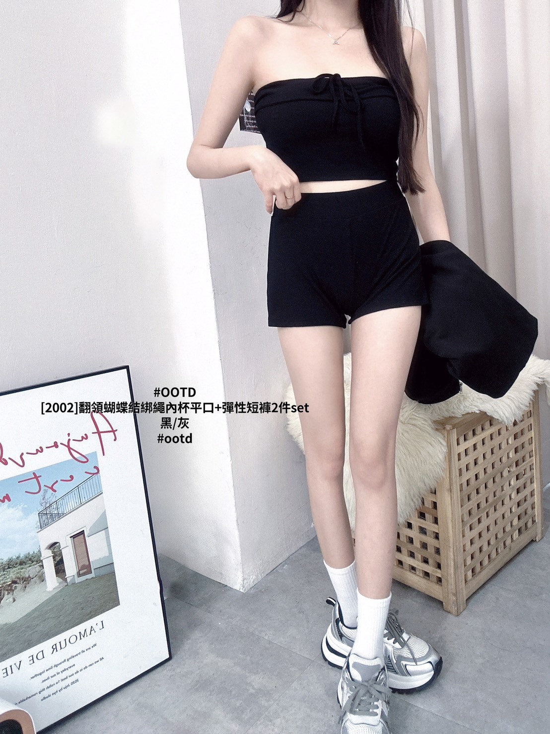 [2002]翻領蝴蝶結綁繩內杯平口+彈性短褲2件set (5)