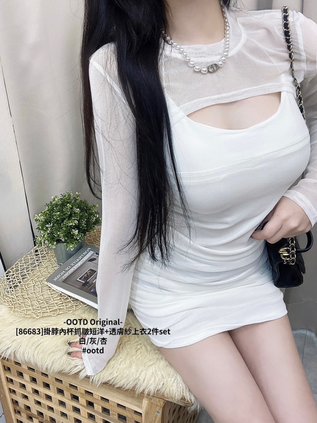 [86683]掛脖內杯抓皺短洋+透膚紗上衣2件set (9)