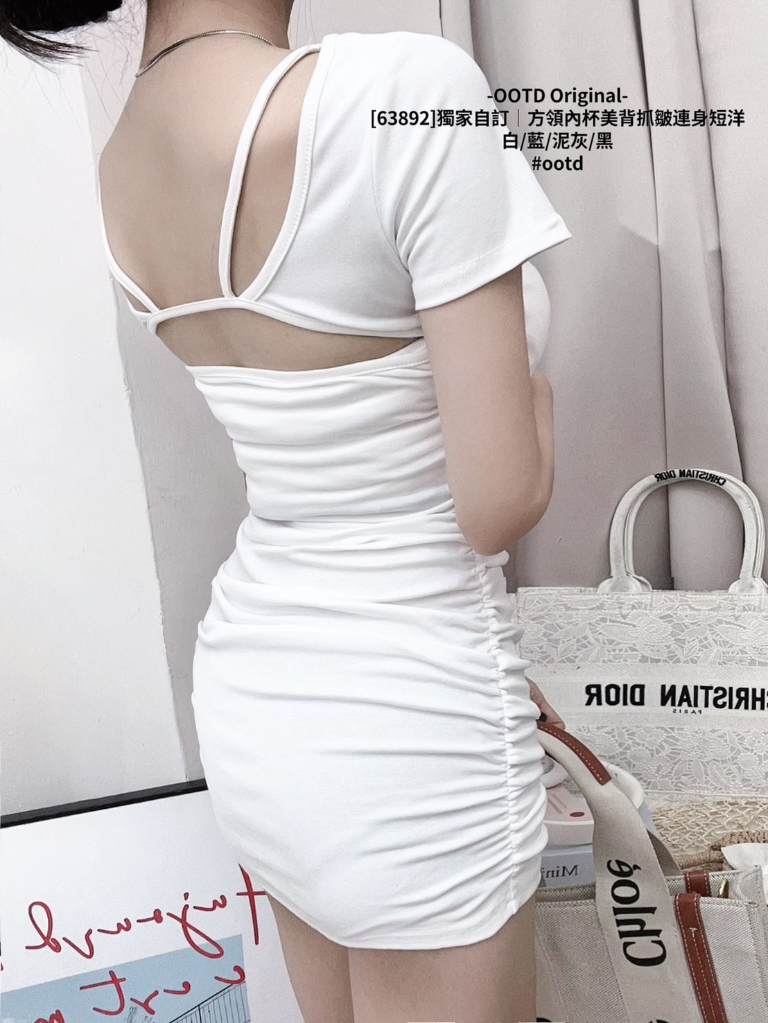 [63892]獨家自訂｜方領內杯美背抓皺連身短洋