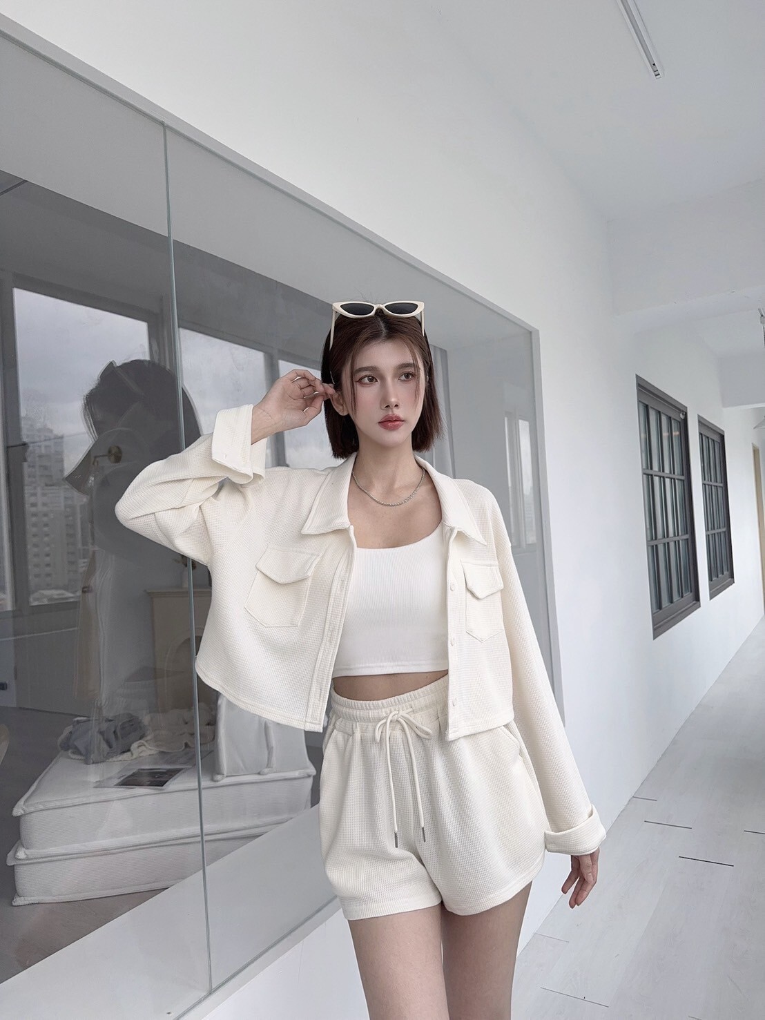 7336 𝓛𝓪𝓭𝔂𝓰𝓸訂製款-薄款華夫格短版口袋外SET (2)