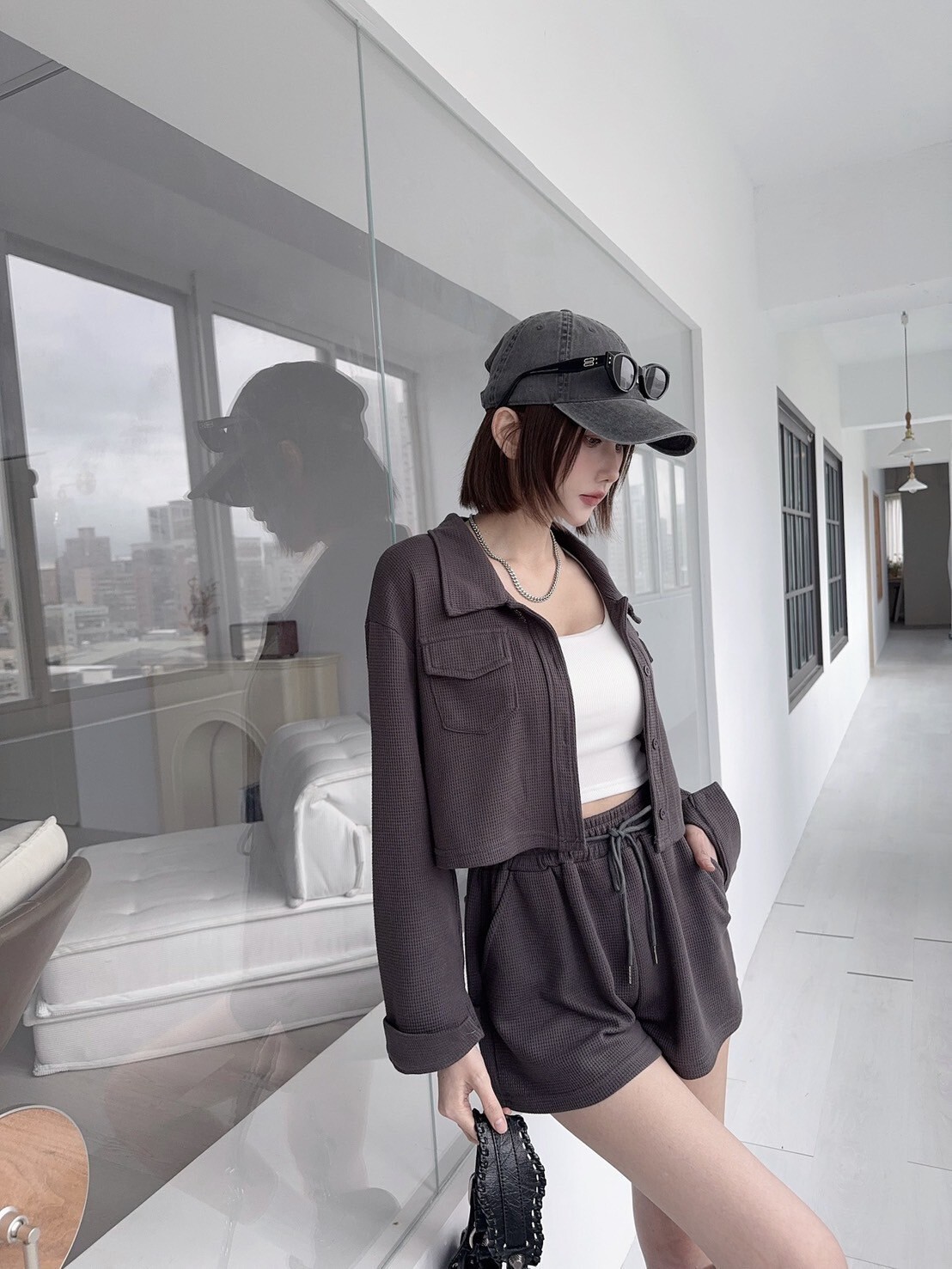 7336 𝓛𝓪𝓭𝔂𝓰𝓸訂製款-薄款華夫格短版口袋外SET (4)