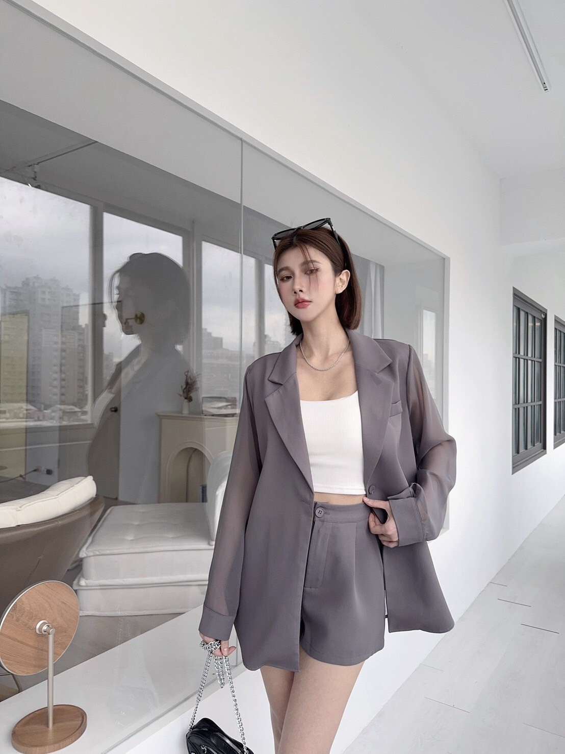 7228 𝓛𝓪𝓭𝔂𝓰𝓸訂製款-網紗拼接西裝長版外SET (2)