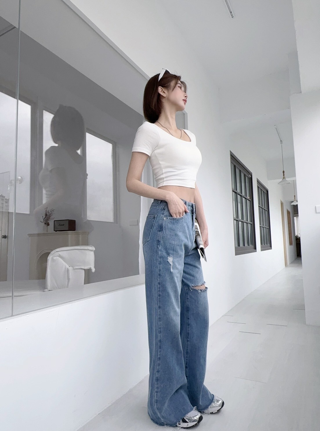 8572 𝓛𝓪𝓭𝔂𝓰𝓸個性割破水洗抽鬚牛仔寬褲 (4)