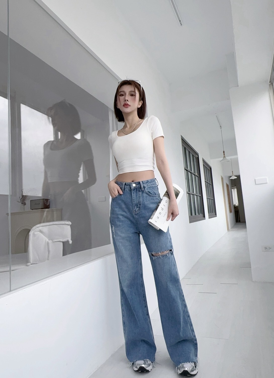 8572 𝓛𝓪𝓭𝔂𝓰𝓸個性割破水洗抽鬚牛仔寬褲