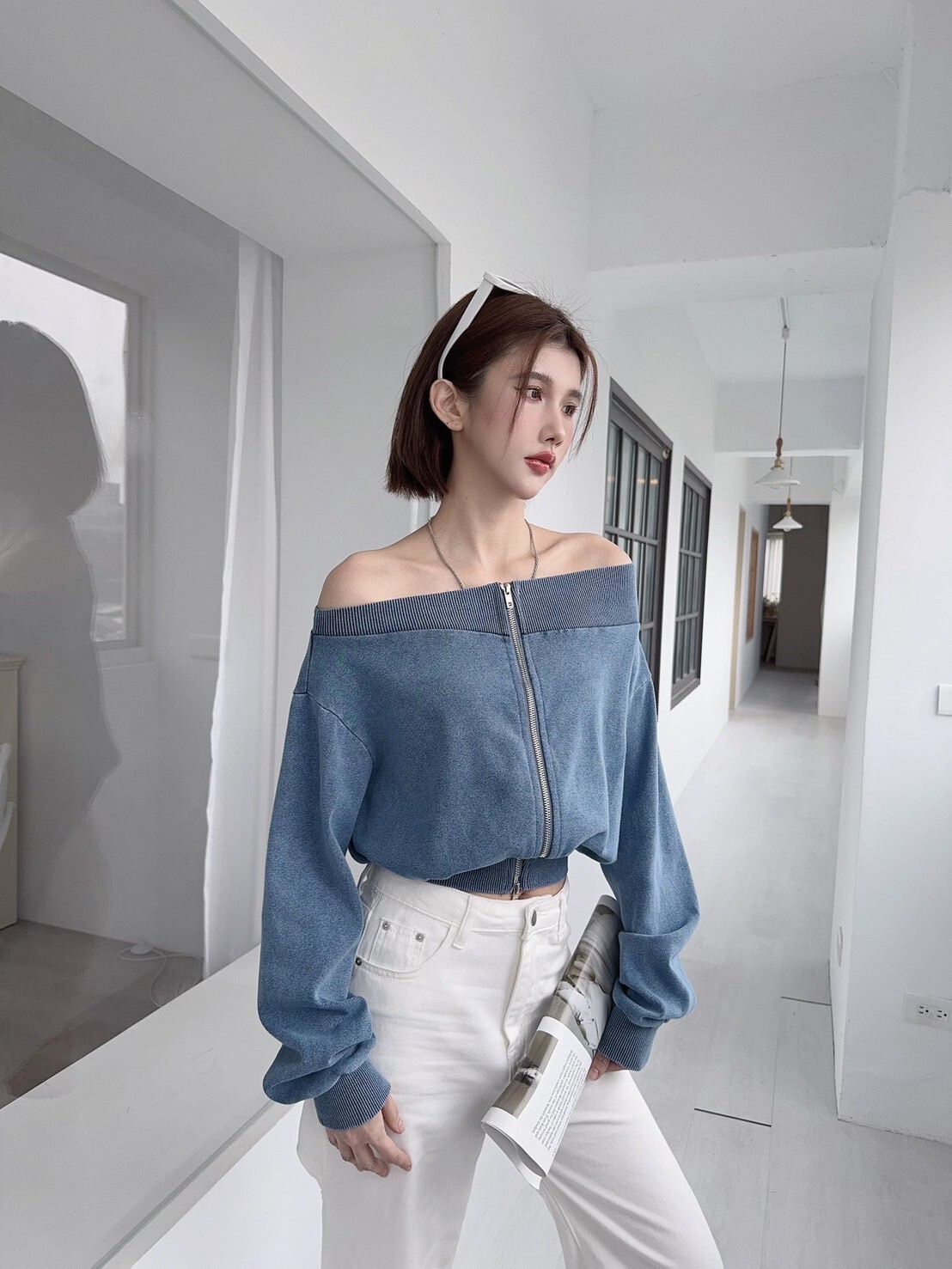 2443美式復古水洗一字領上衣