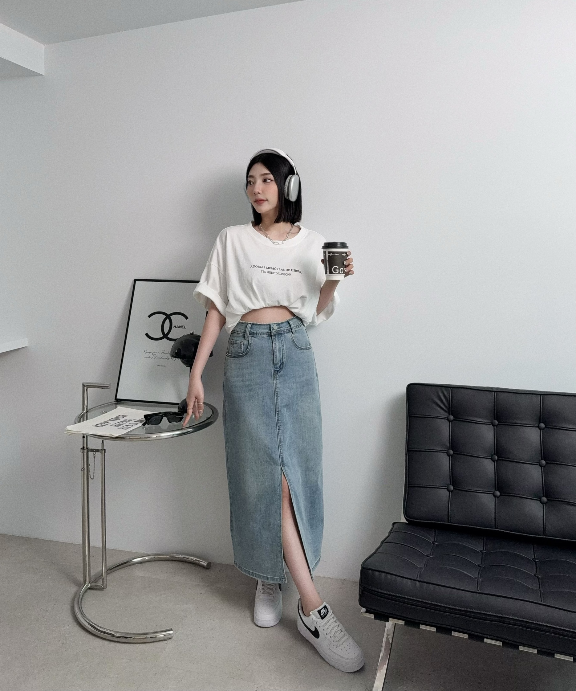 8512『選品』顯瘦直筒開衩牛仔長裙