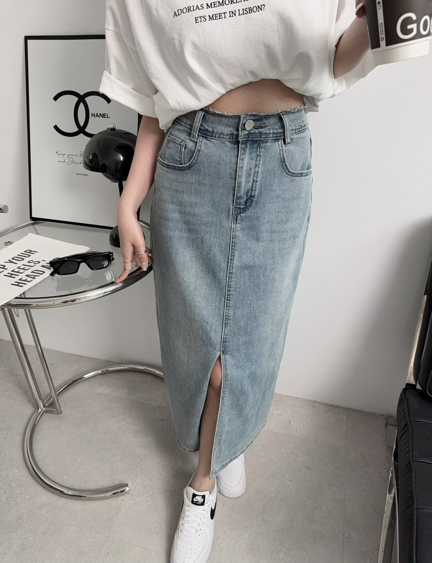 8512『選品』顯瘦直筒開衩牛仔長裙 (4)