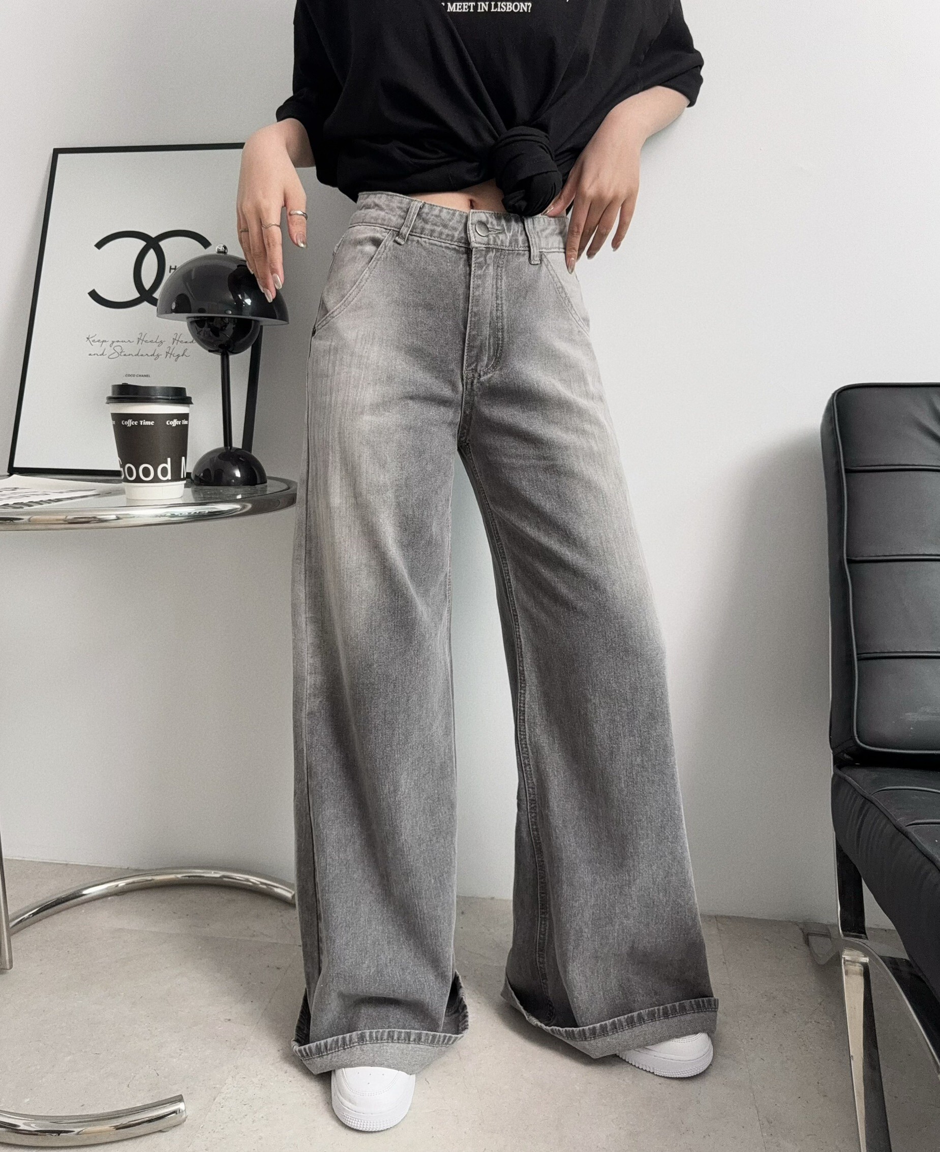 8141『選品』時髦水洗漸變闊腿牛仔褲 (2)