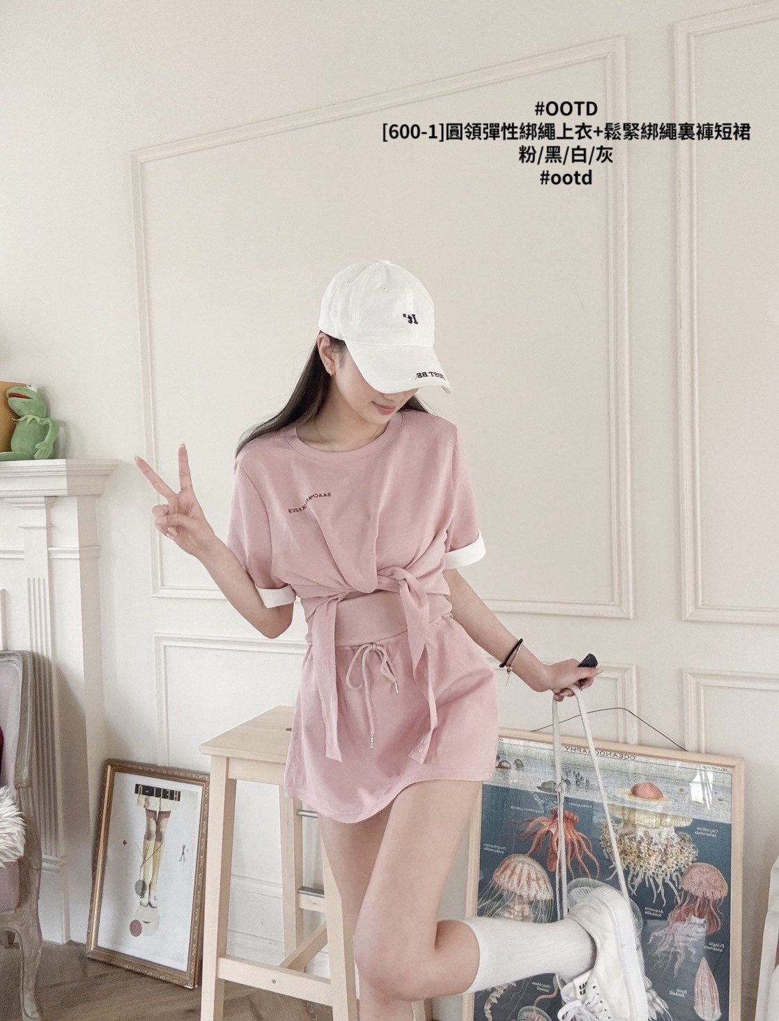 [600-1]圓領彈性綁繩上衣+鬆緊綁繩裏褲短裙 (4)