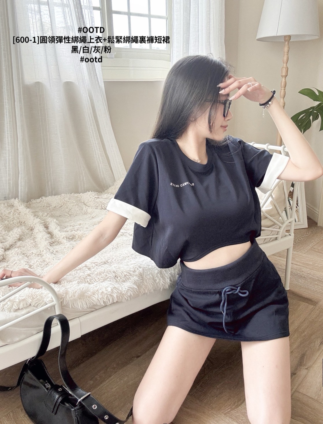 [600-1]圓領彈性綁繩上衣+鬆緊綁繩裏褲短裙 (7)