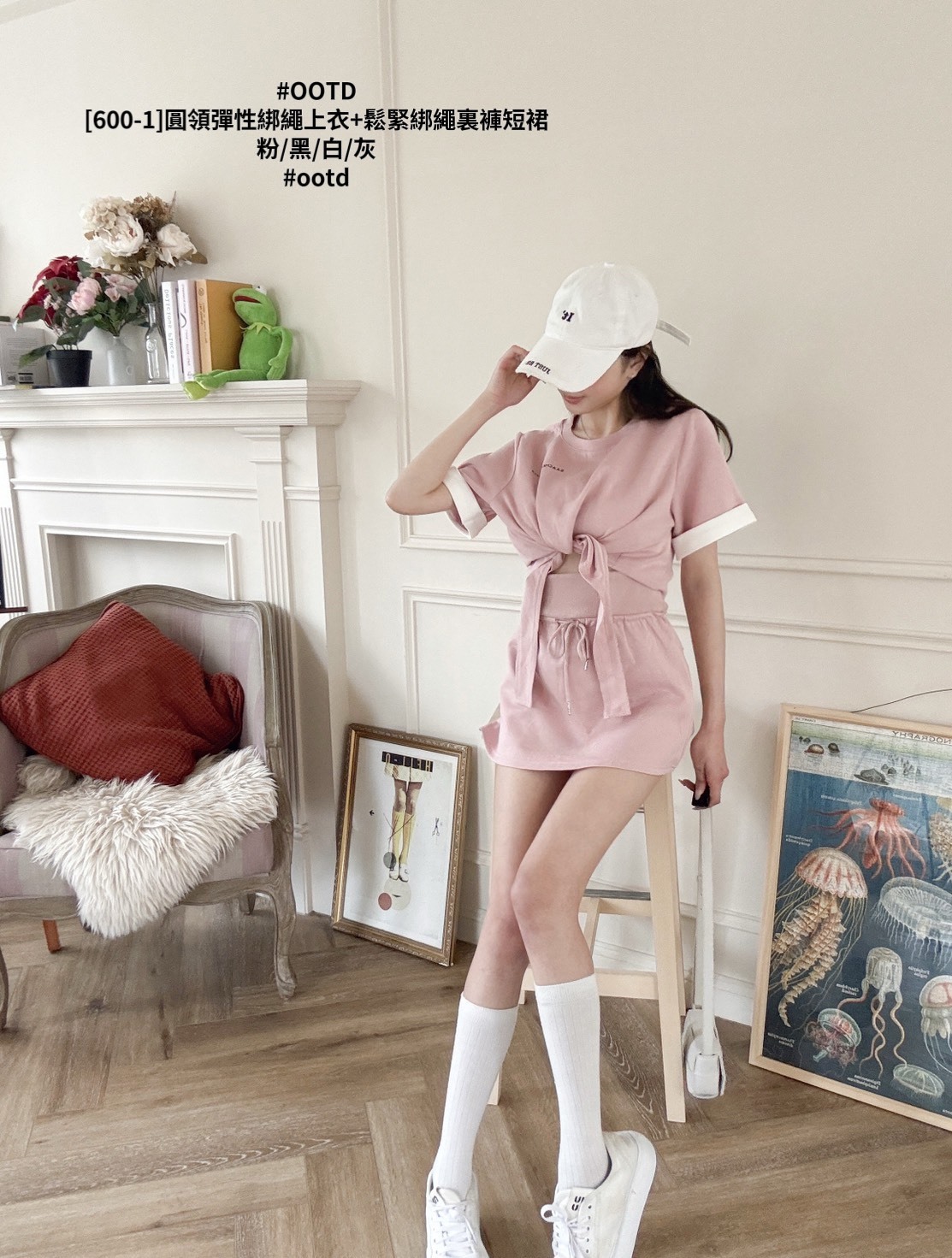 [600-1]圓領彈性綁繩上衣+鬆緊綁繩裏褲短裙 (3)