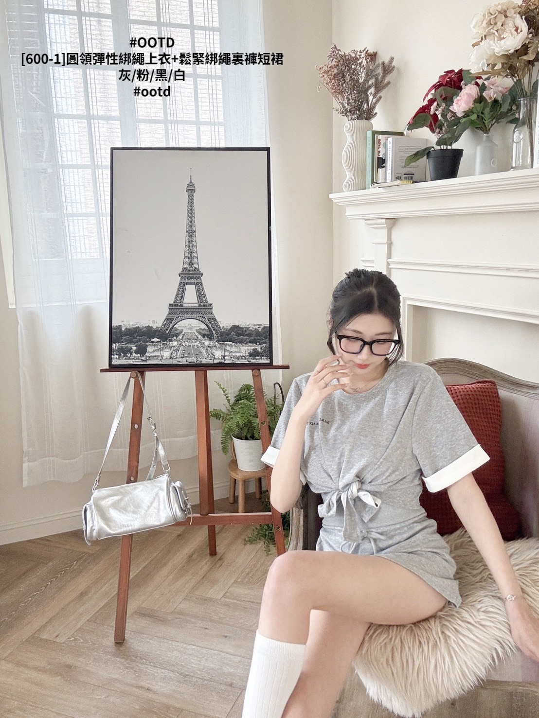 [600-1]圓領彈性綁繩上衣+鬆緊綁繩裏褲短裙 (6)