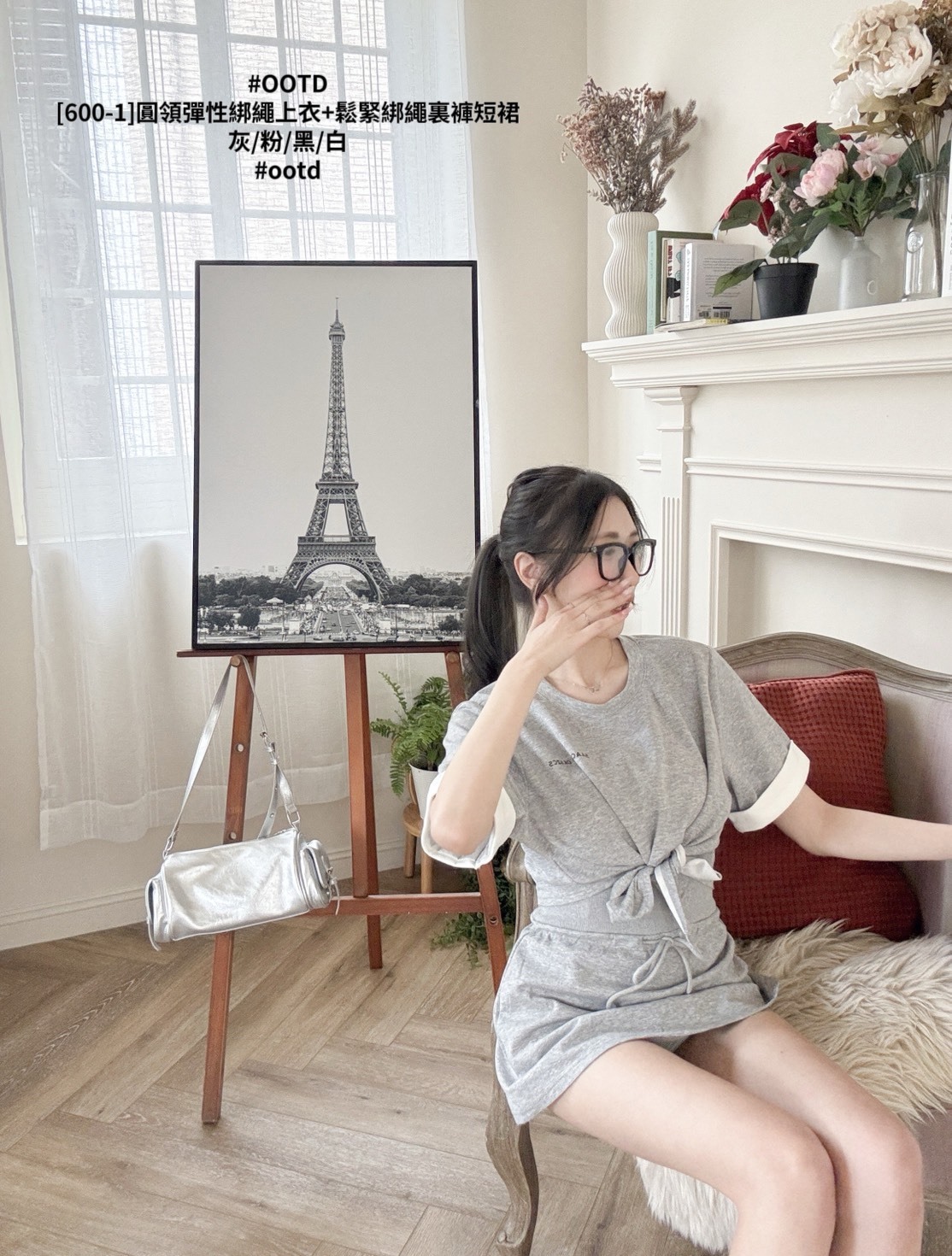 [600-1]圓領彈性綁繩上衣+鬆緊綁繩裏褲短裙 (5)