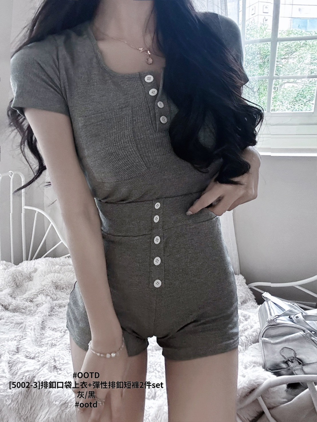[5002-3]排釦口袋上衣+彈性排釦短褲2件set