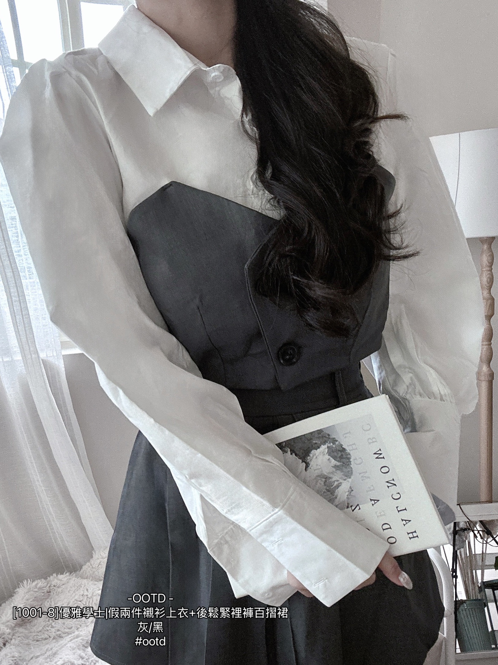 1001-8]優雅學士假兩件襯衫上衣+後鬆緊裡褲百摺裙 (2)