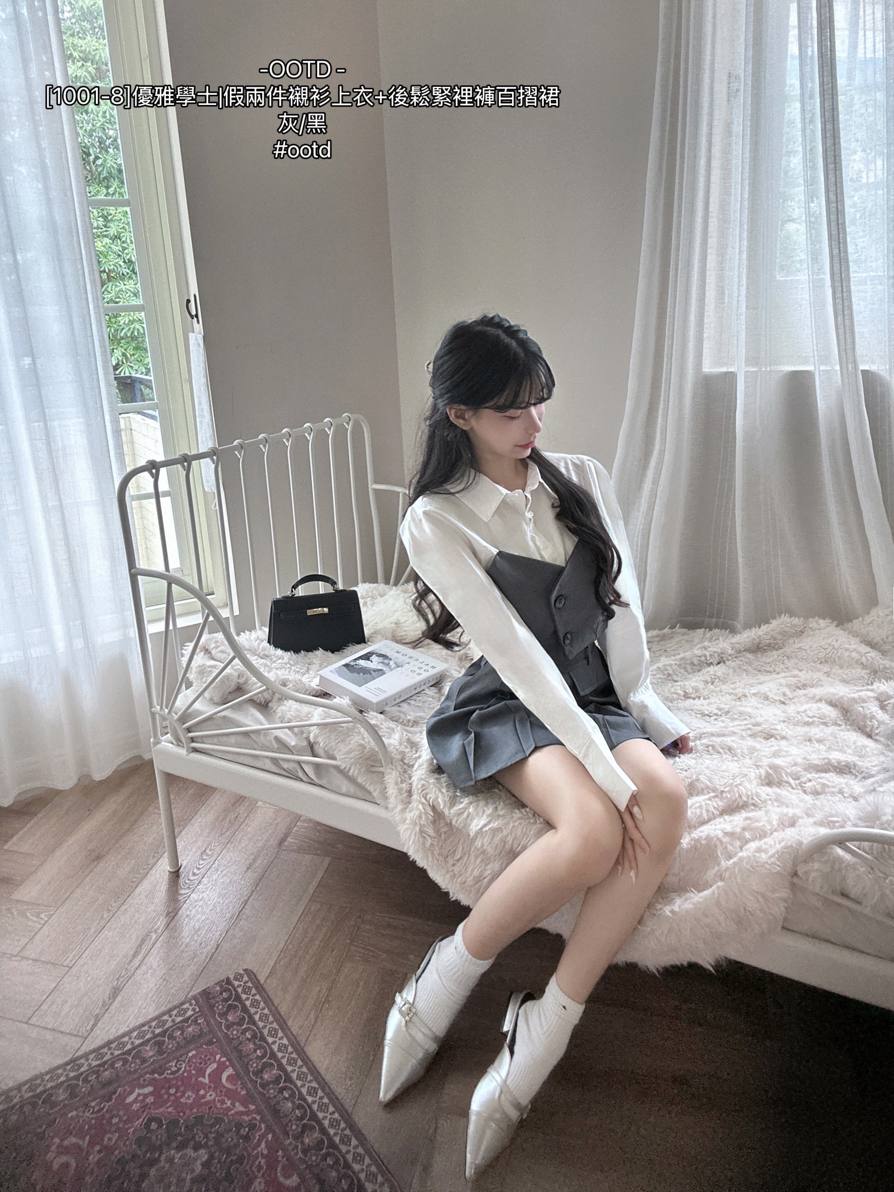 1001-8]優雅學士假兩件襯衫上衣+後鬆緊裡褲百摺裙 (4)