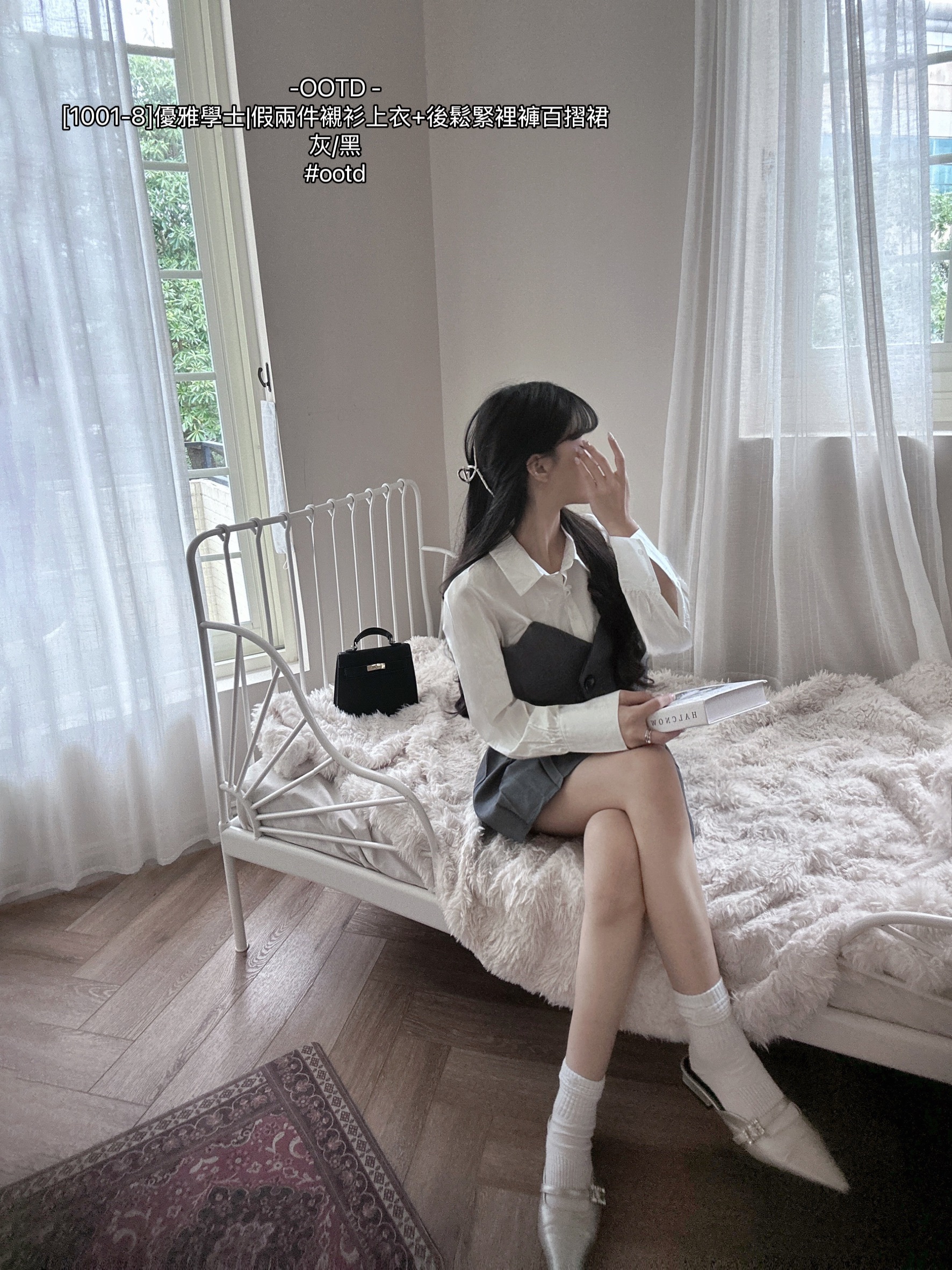 1001-8]優雅學士假兩件襯衫上衣+後鬆緊裡褲百摺裙 (3)