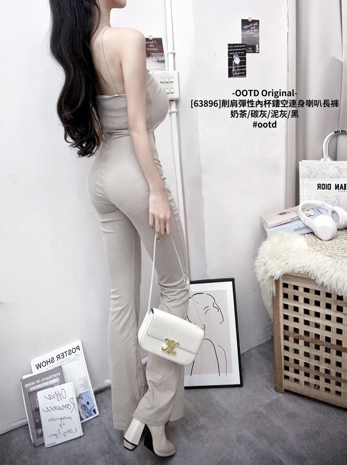 [63896]削肩彈性內杯鏤空連身喇叭長褲 (7)