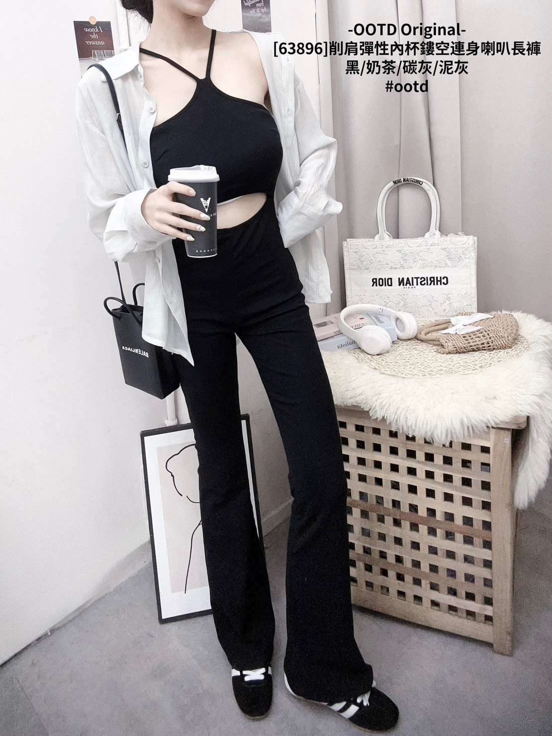 [63896]削肩彈性內杯鏤空連身喇叭長褲 (2)