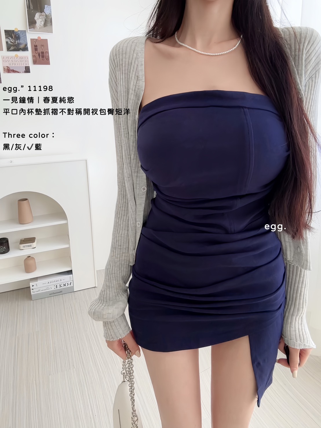 11198一見鐘情｜春夏純慾平口內杯墊抓褶不對稱開衩包臀短洋 (8)