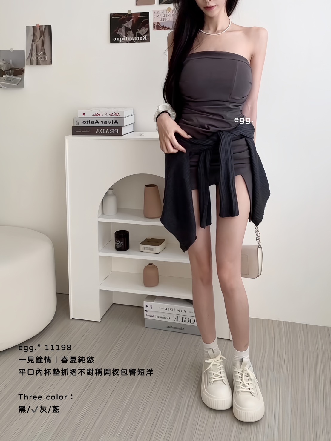 11198一見鐘情｜春夏純慾平口內杯墊抓褶不對稱開衩包臀短洋 (6)