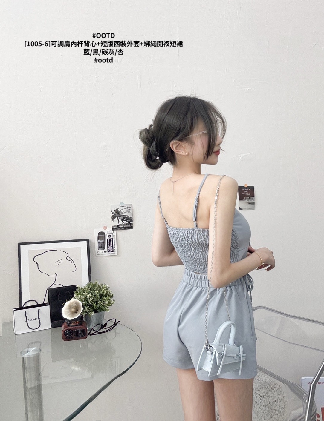 [1005-6]可調肩內杯背心+短版西裝外套+綁繩開衩短裙 (3)