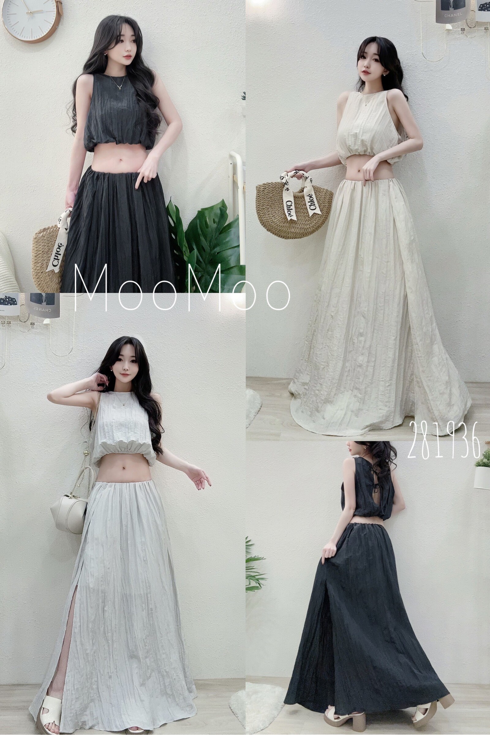 #2819$460質感微緞背心開叉長裙套裝