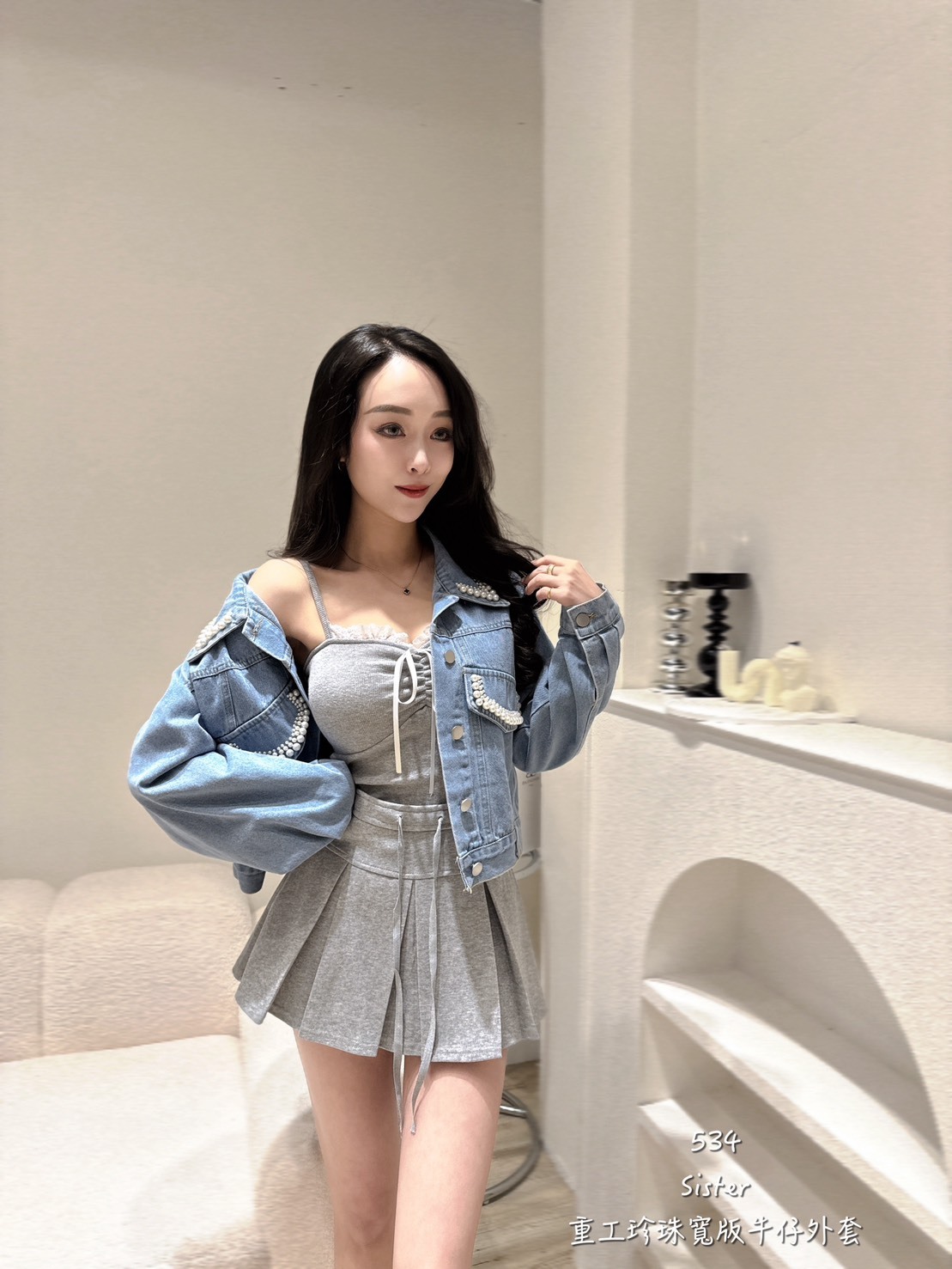 534重工珍珠寬版牛仔外 (3)