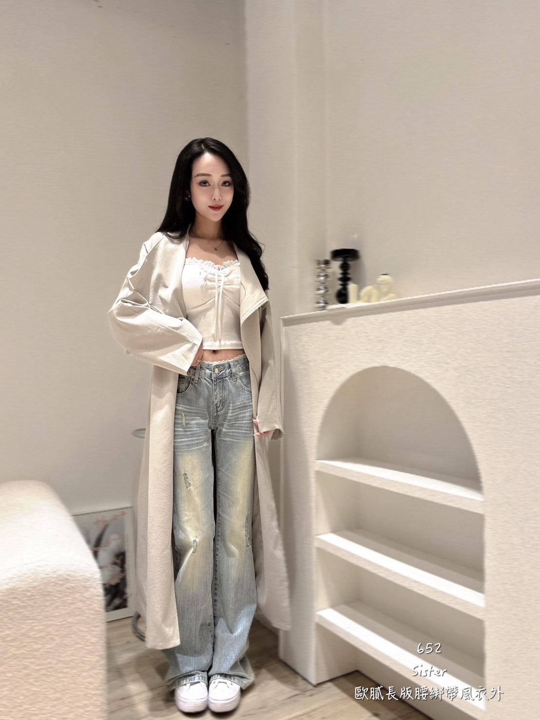 652歐膩長版腰綁帶風衣外6