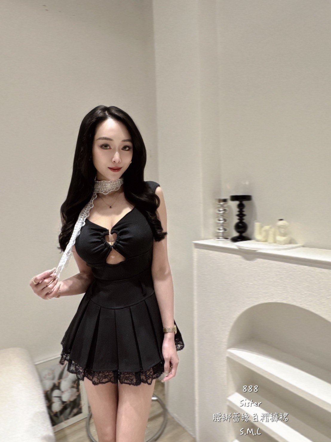 888腰綁蕾絲百褶褲裙 (2)