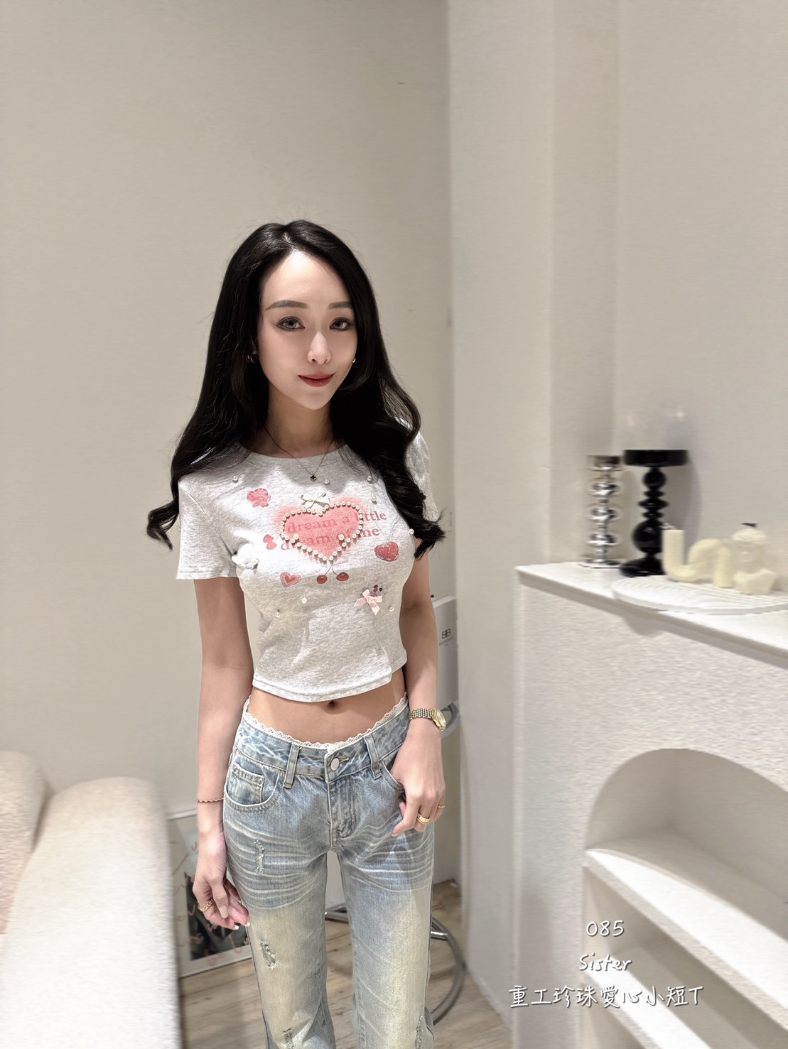 085重工珍珠愛心小短T (2)