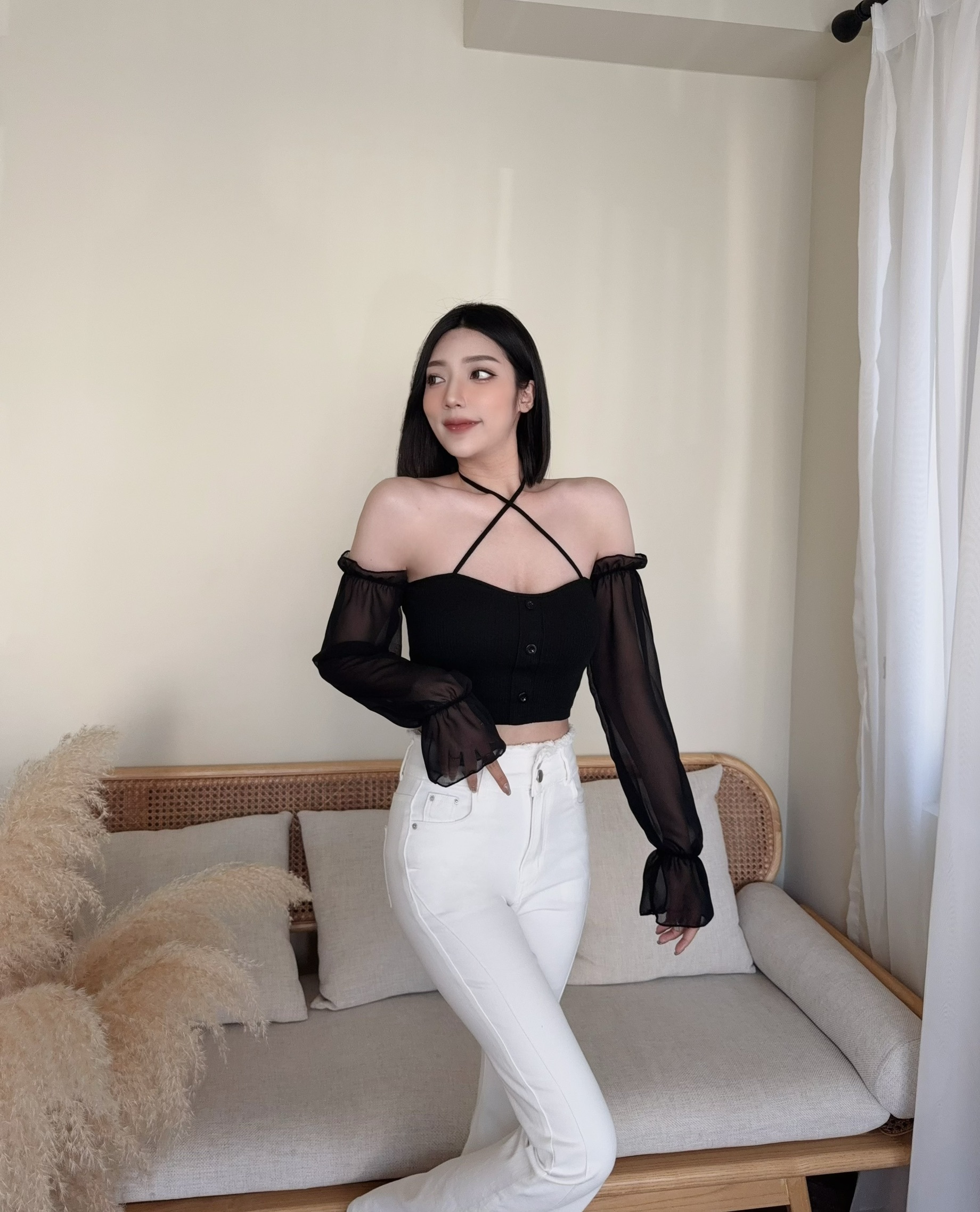 0097『訂製款』純欲透紗綁帶一字肩上衣 (5)