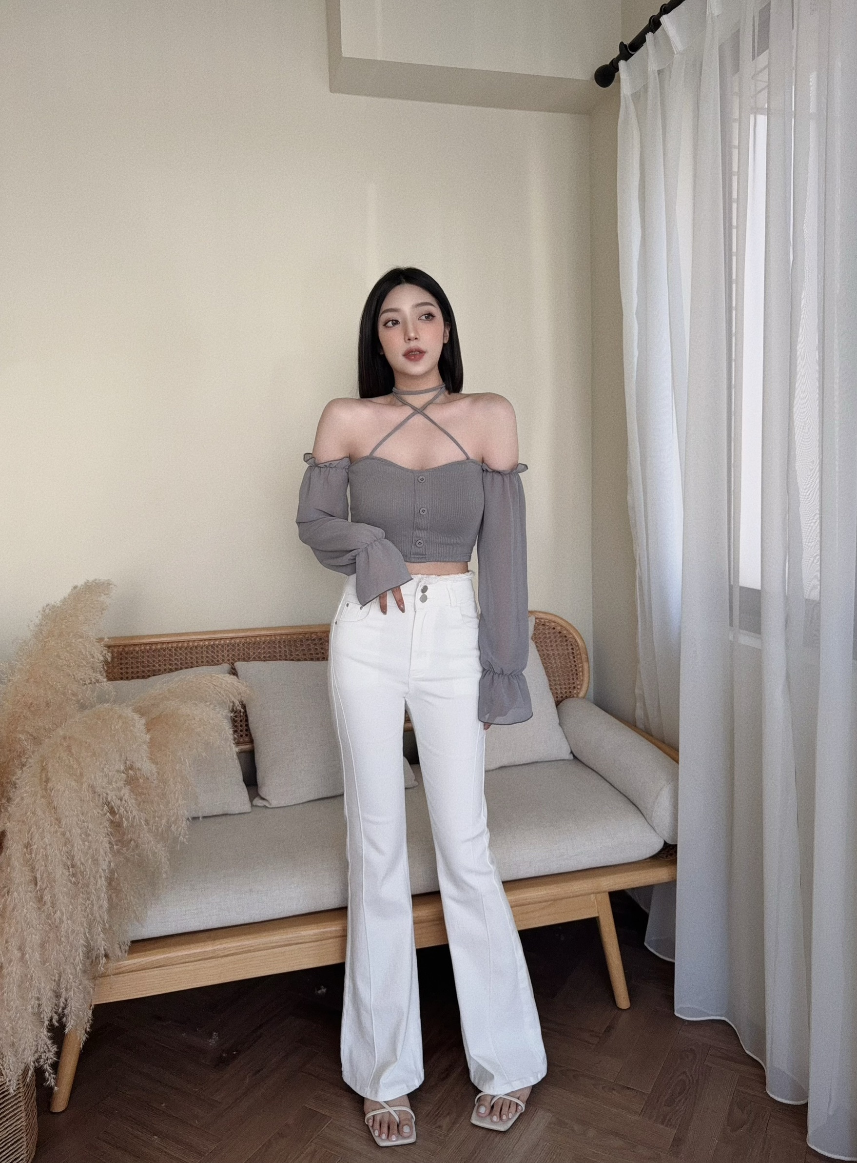 0097『訂製款』純欲透紗綁帶一字肩上衣