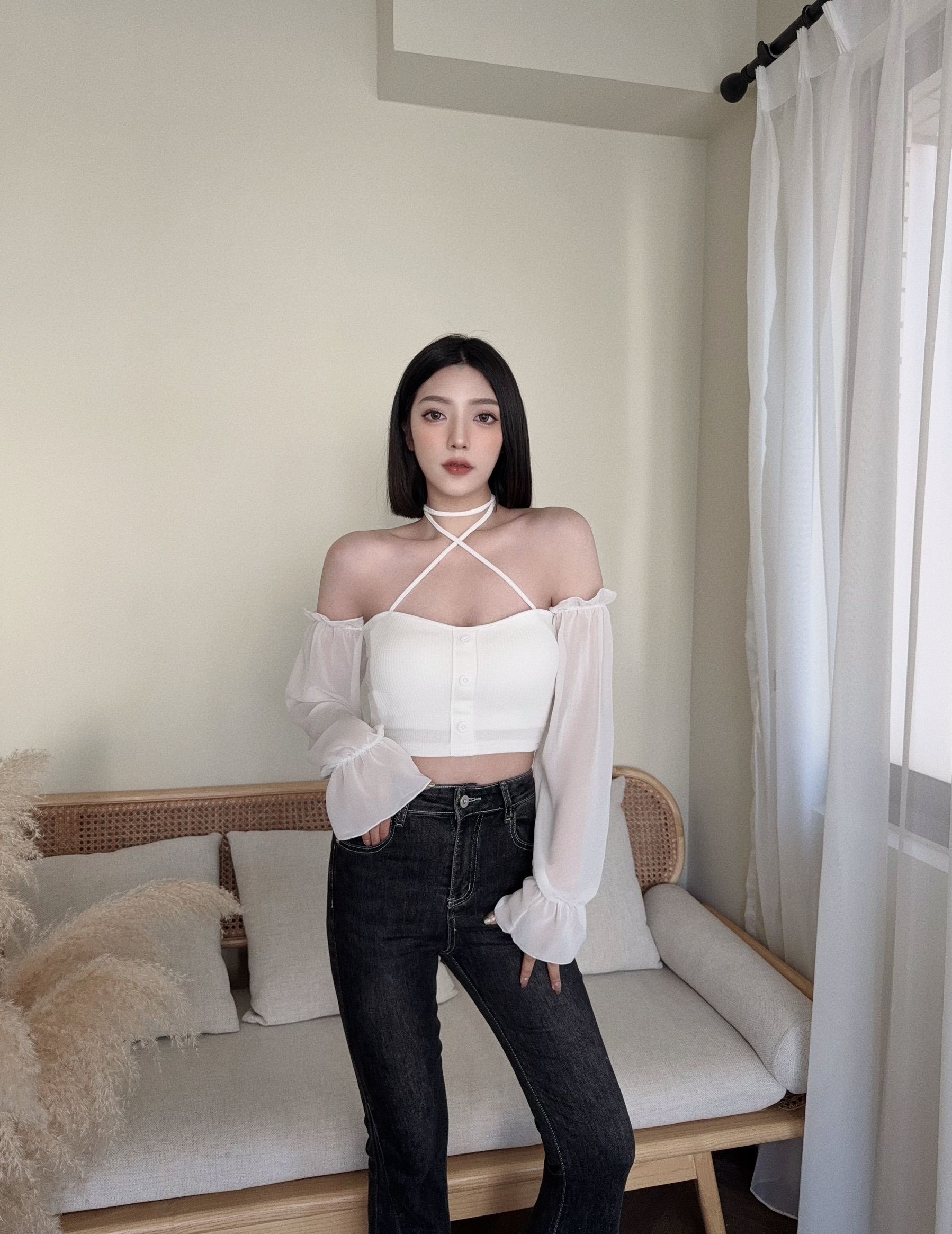 0097『訂製款』純欲透紗綁帶一字肩上衣 (4)