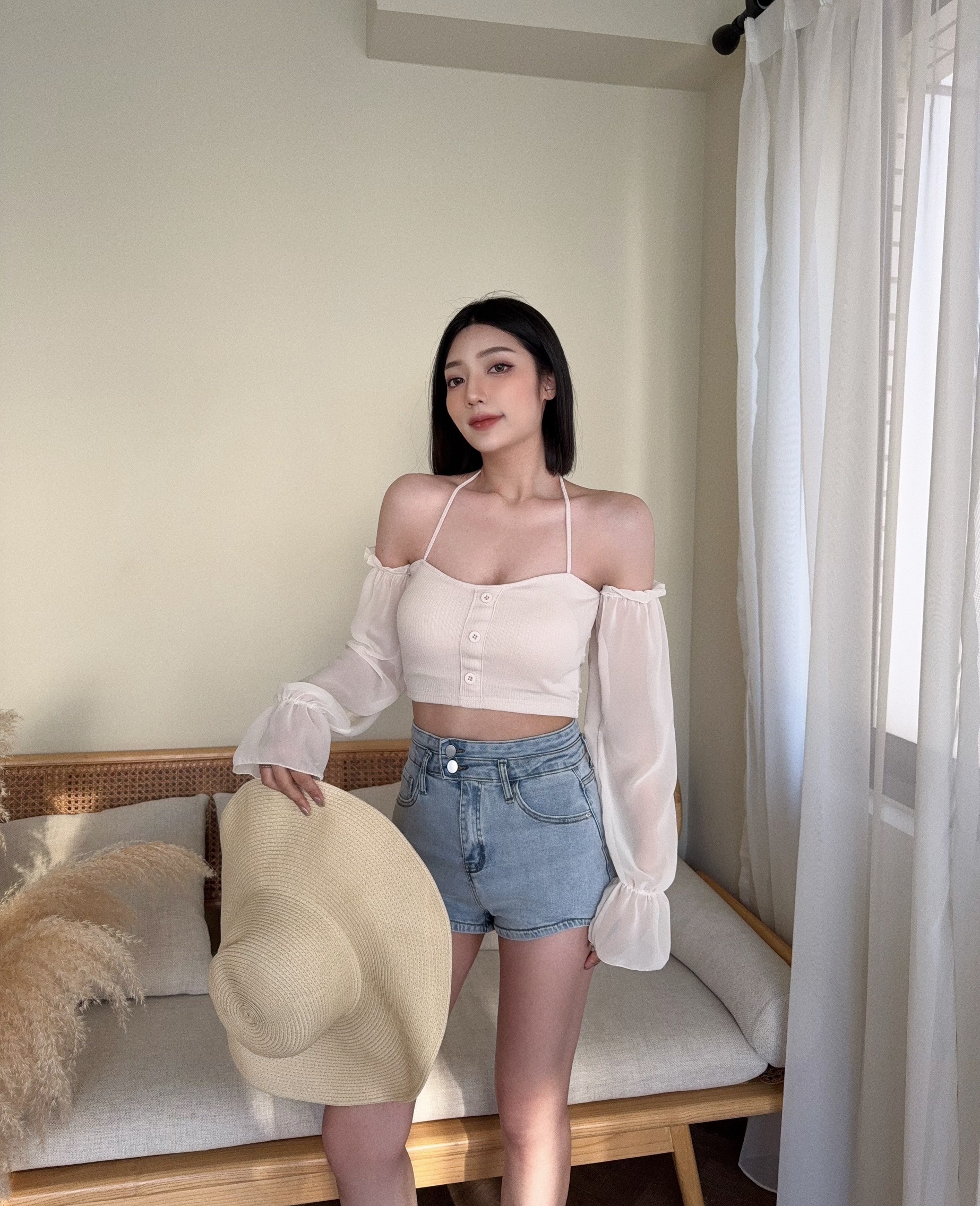 0097『訂製款』純欲透紗綁帶一字肩上衣 (3)