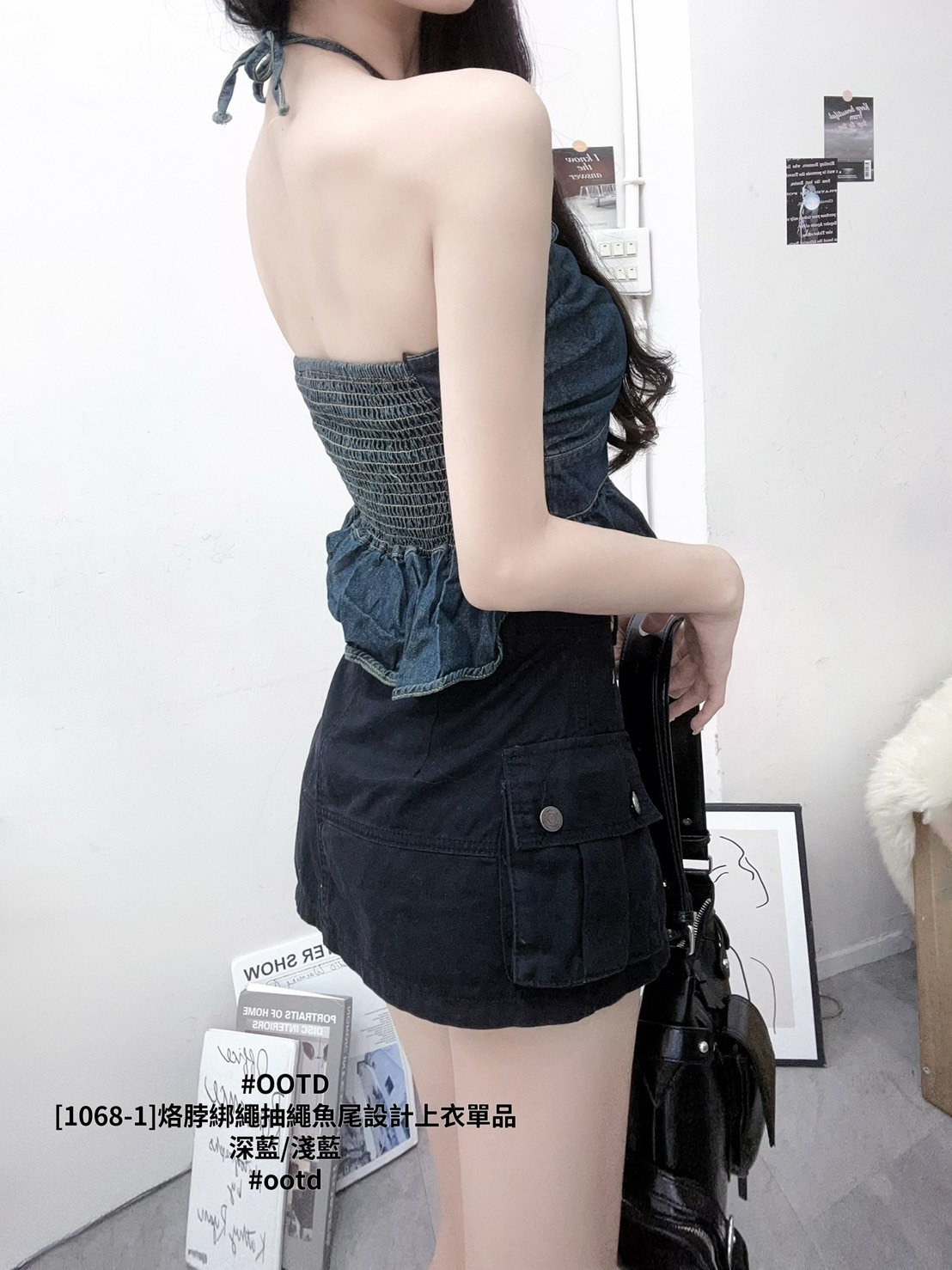 [1068-1]烙脖綁繩抽繩魚尾設計上衣單品 (4)