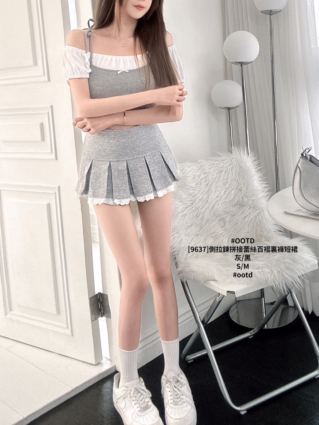 [9637]側拉鍊拼接蕾絲百褶裏褲短裙 (2)