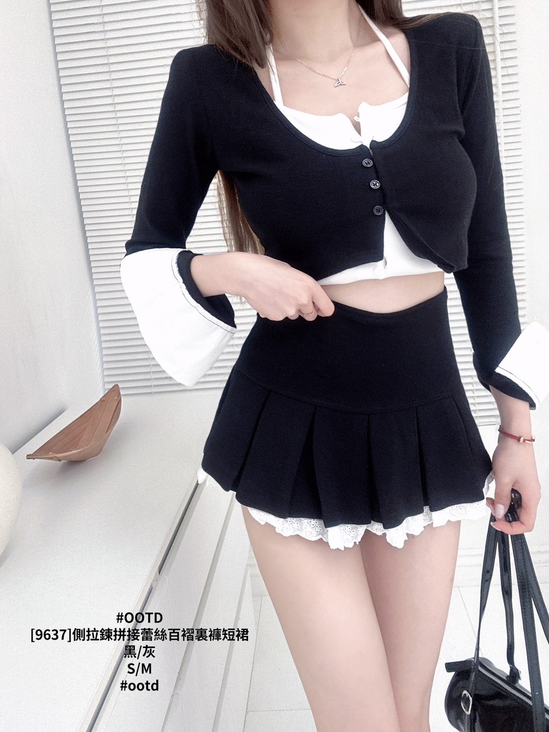 [9637]側拉鍊拼接蕾絲百褶裏褲短裙 (4)