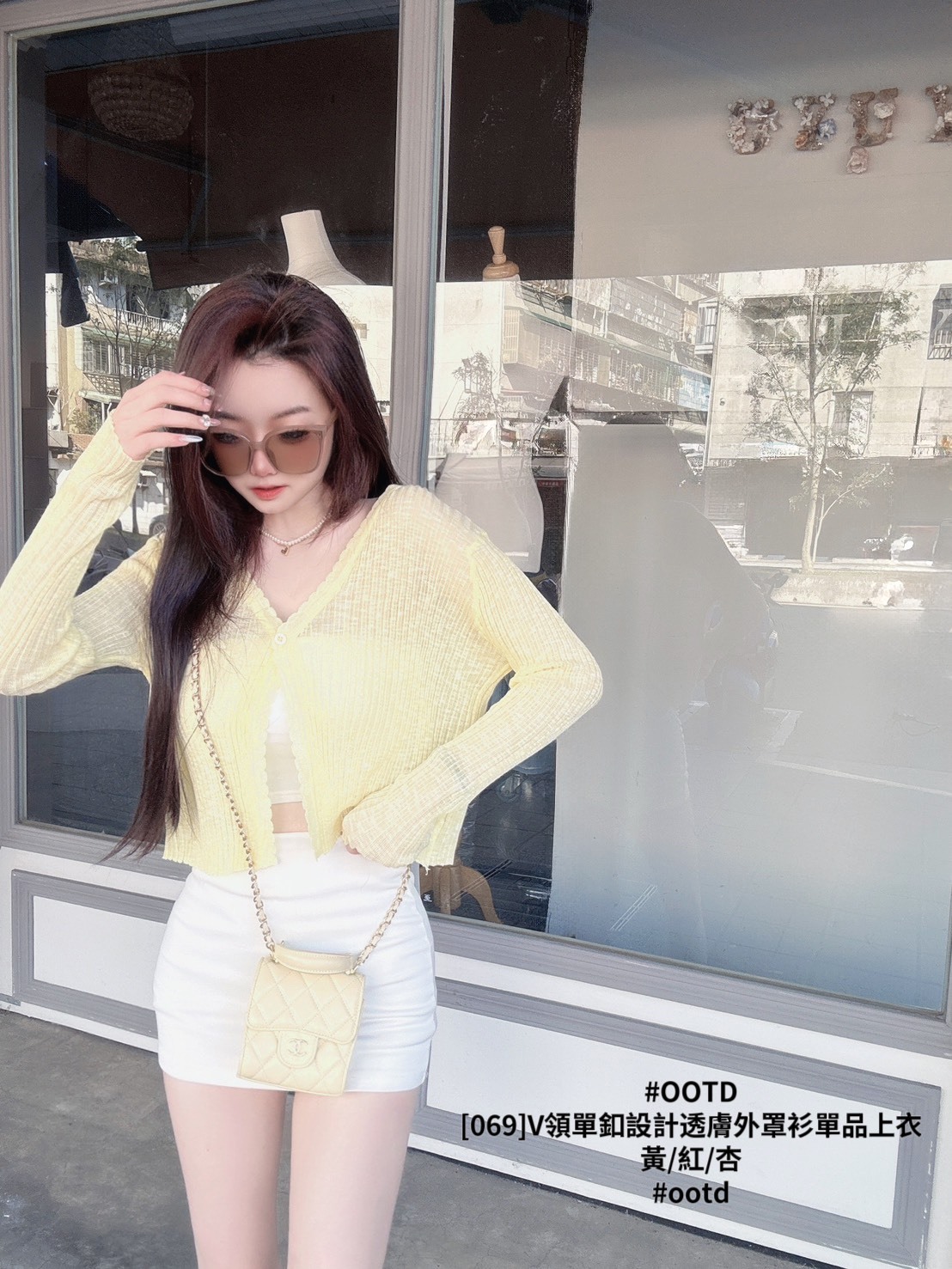 [069]V領單釦設計透膚外罩衫單品上衣