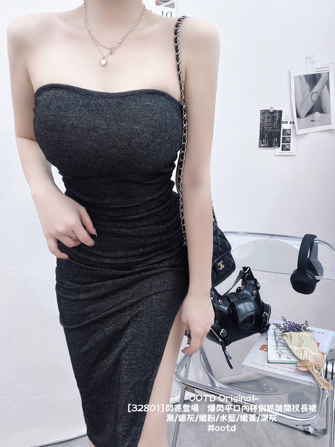 [32801]閃亮登場｜爆閃平口內杯側抓皺開衩長洋 (12)