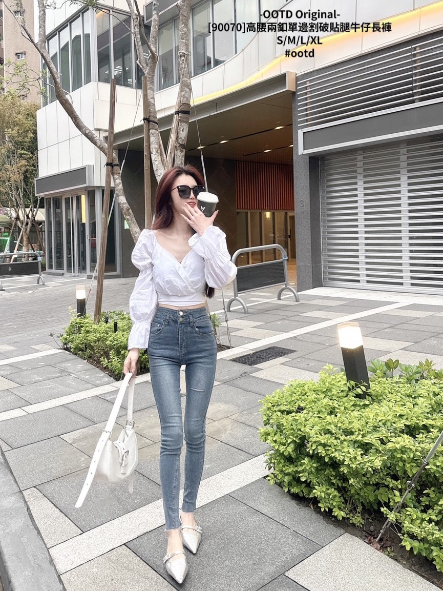 [90070]高腰兩釦單邊割破貼腿牛仔長褲 (3)